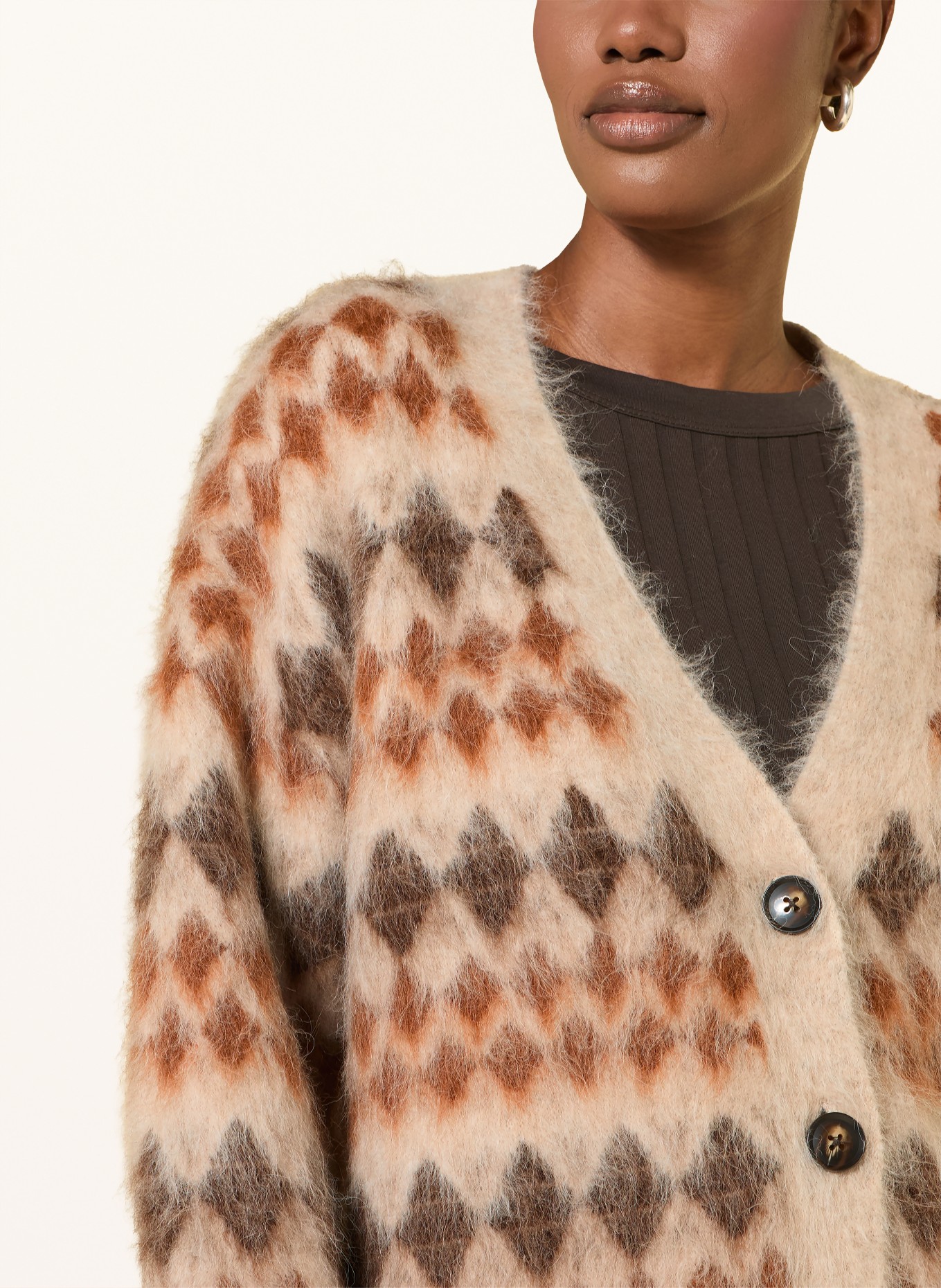 MRS & HUGS Oversized cardigan with alpaca: BROWN / DARK BROWN / BEIGE