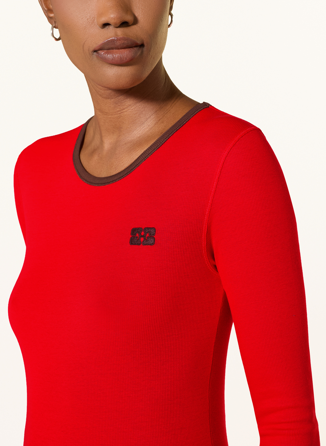 GANNI Long-sleeve shirt: RED / DARK BROWN