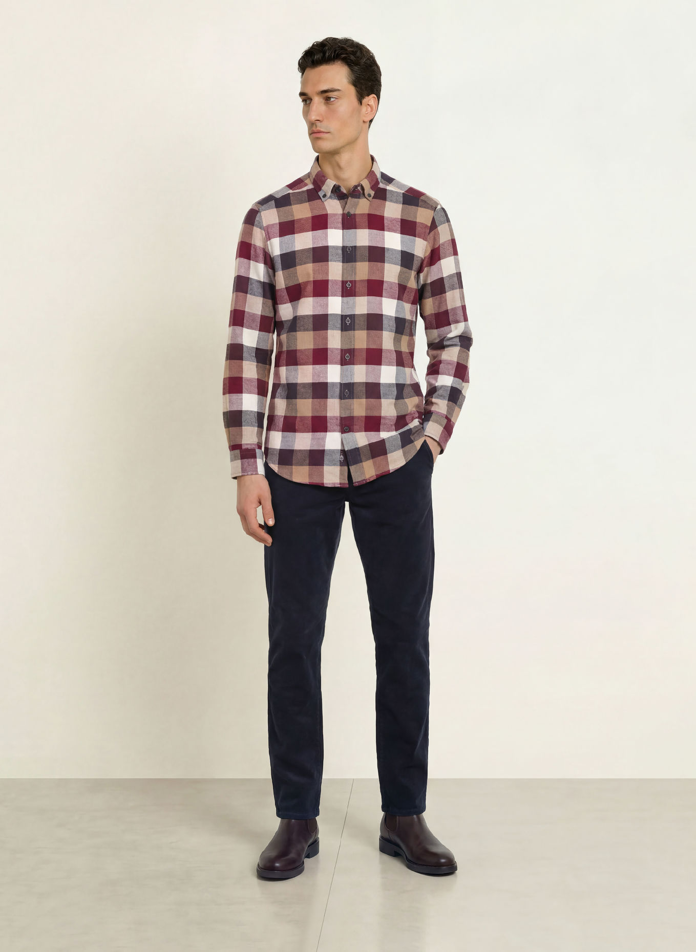 STROKESMAN'S Cămașă din flanelă, croială slim fit: ROȘU ÎNCHIS / BEJ / NEGRU