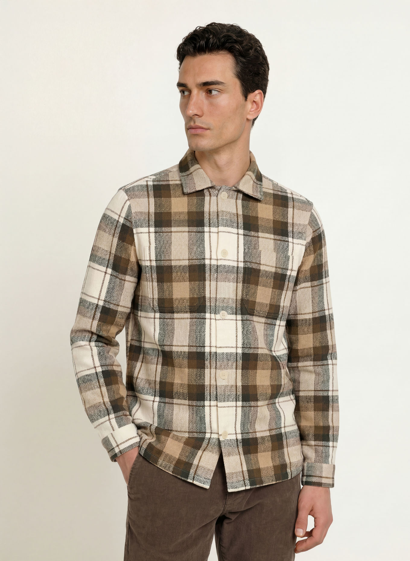 STROKESMAN'S Comfort Fit Shirt: DARK BROWN / BEIGE / WHITE
