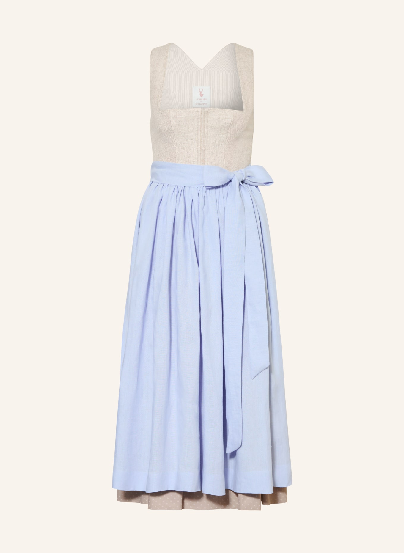Johann & Johanna Set: Traditional bodice, traditional skirt, and traditional apron made of linen: BEIGE / LIGHT BLUE / WHITE