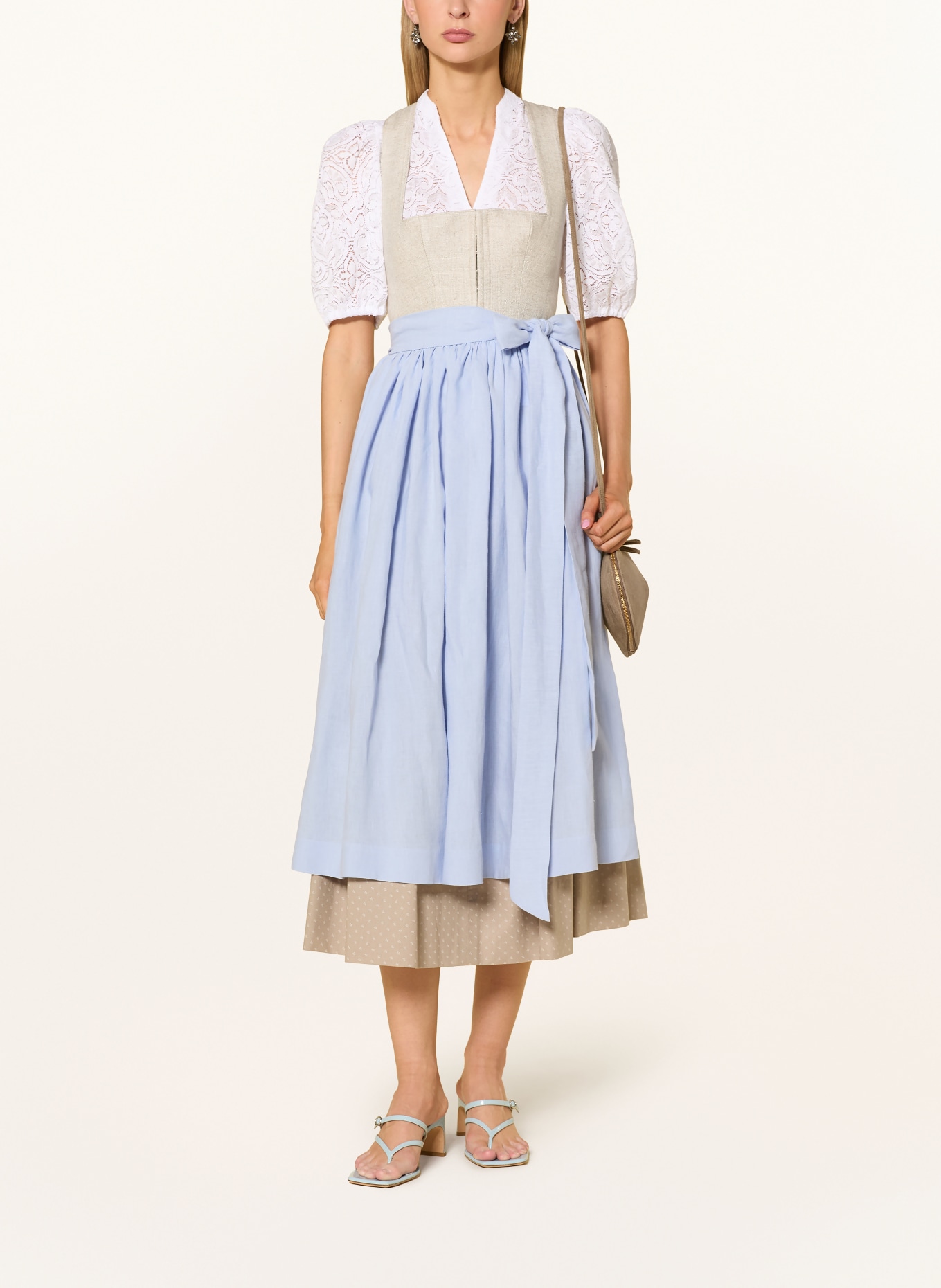 Johann & Johanna Set: Traditional bodice, traditional skirt, and traditional apron made of linen: BEIGE / LIGHT BLUE / WHITE