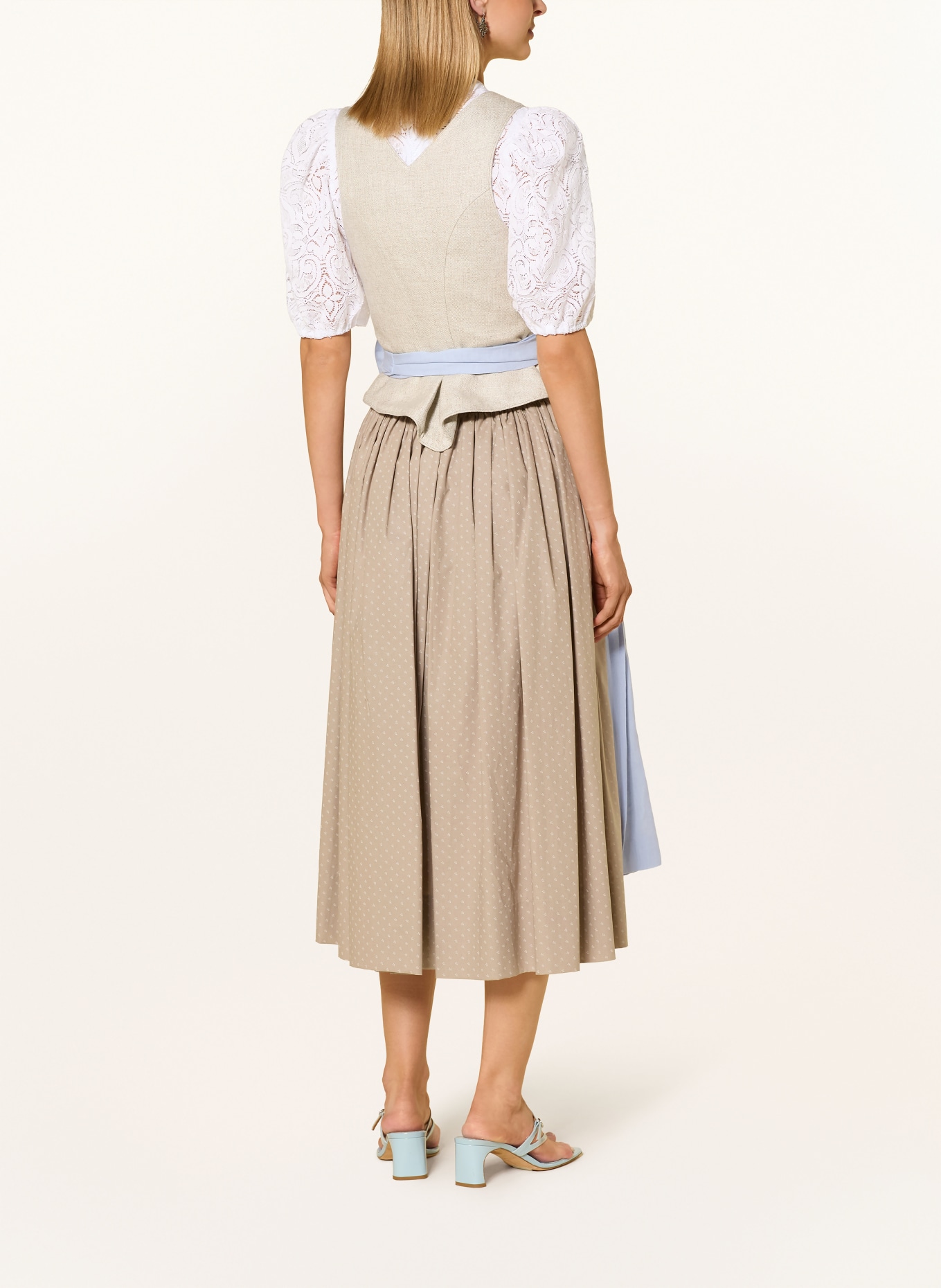 Johann & Johanna Set: Traditional bodice, traditional skirt, and traditional apron made of linen: BEIGE / LIGHT BLUE / WHITE