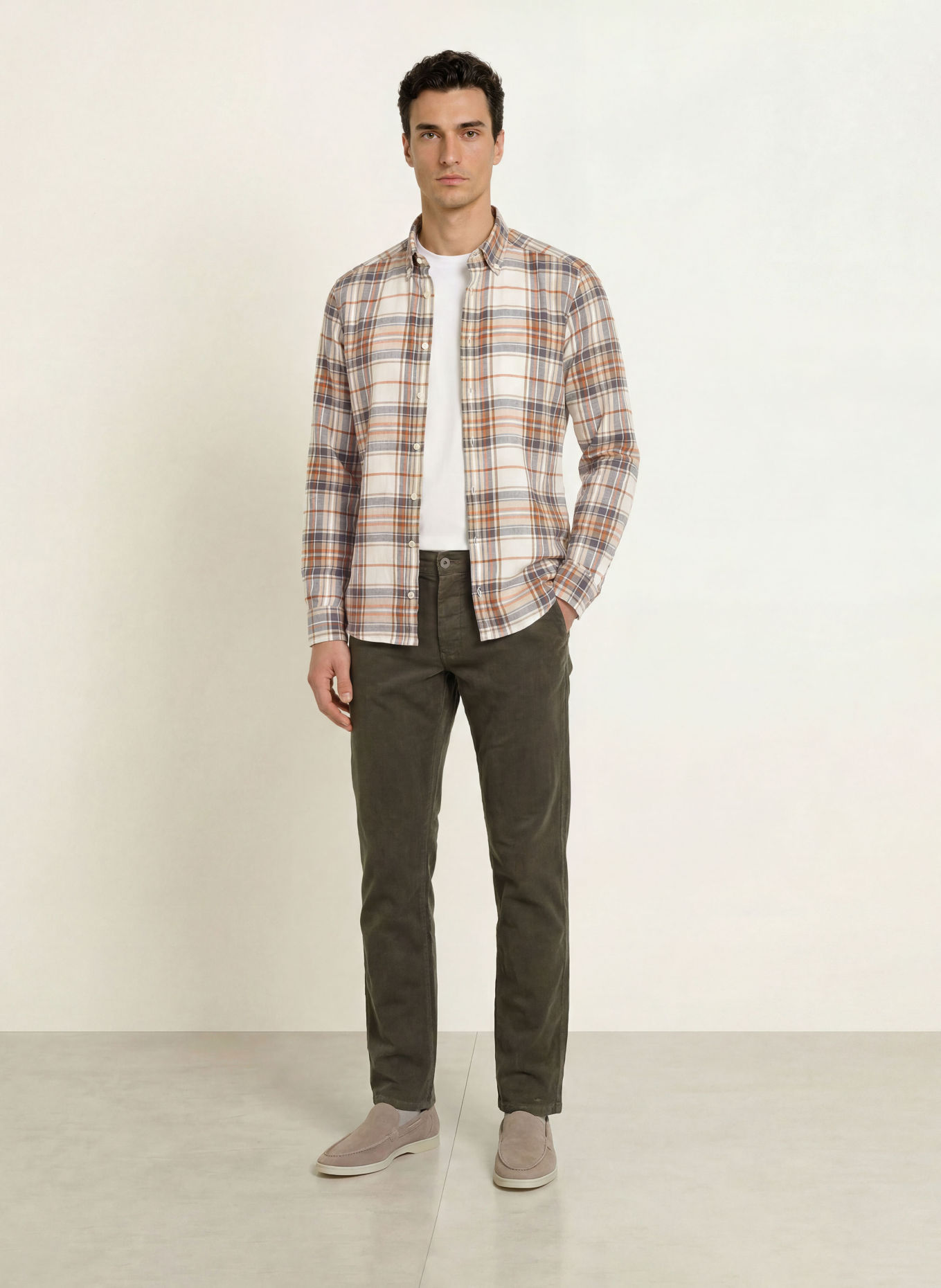 STROKESMAN'S Cămașă din flanel, croială regular: CREM / GRI / PORTOCALIU