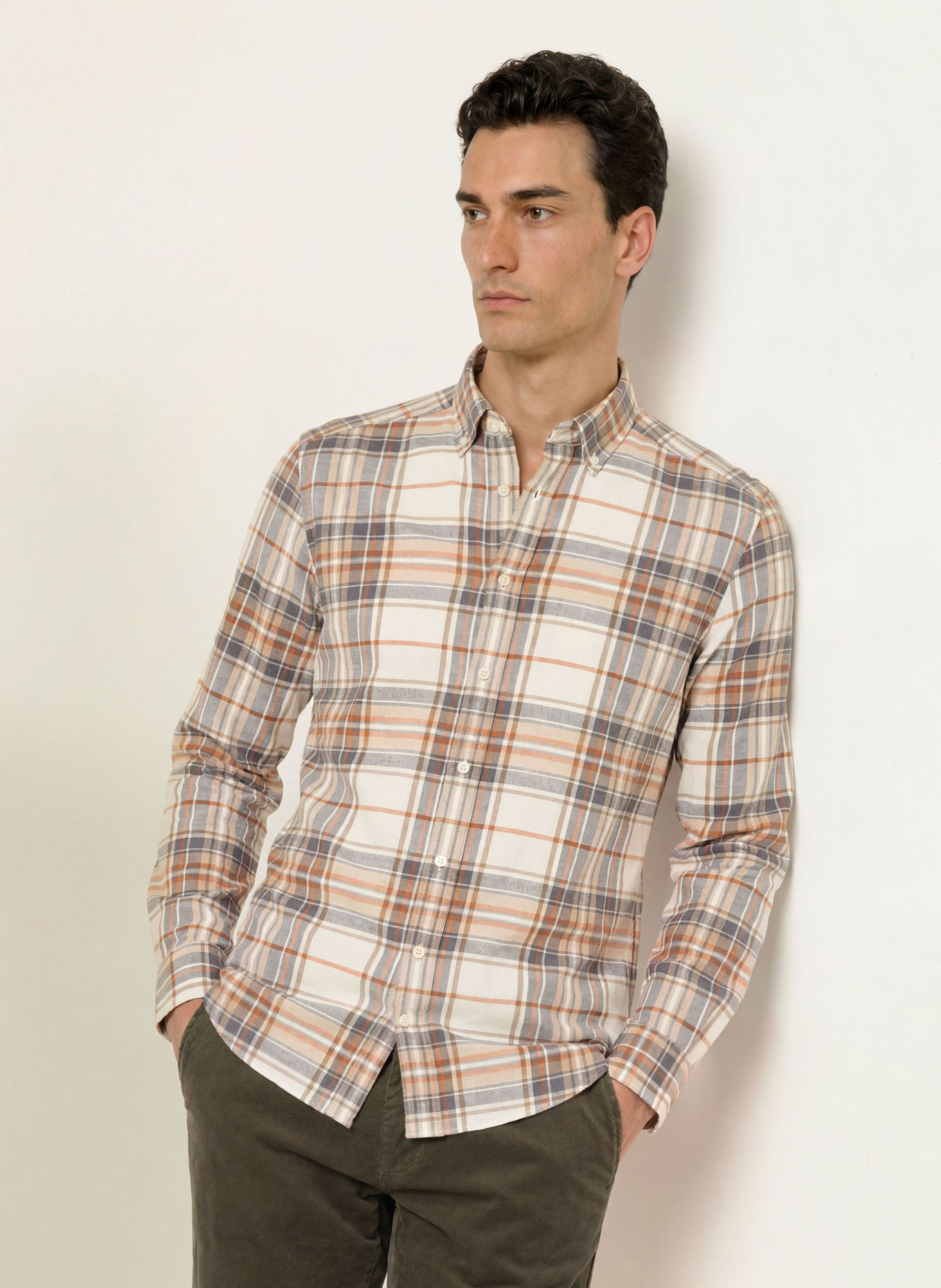 STROKESMAN'S Cămașă din flanel, croială regular: CREM / GRI / PORTOCALIU