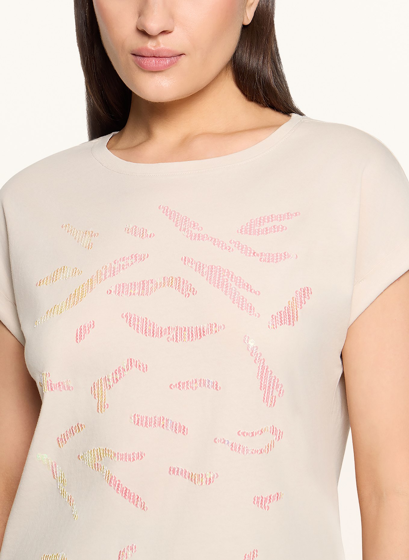 CARTOON T-shirt met pailletten: ECRU / ROSE CLAIR