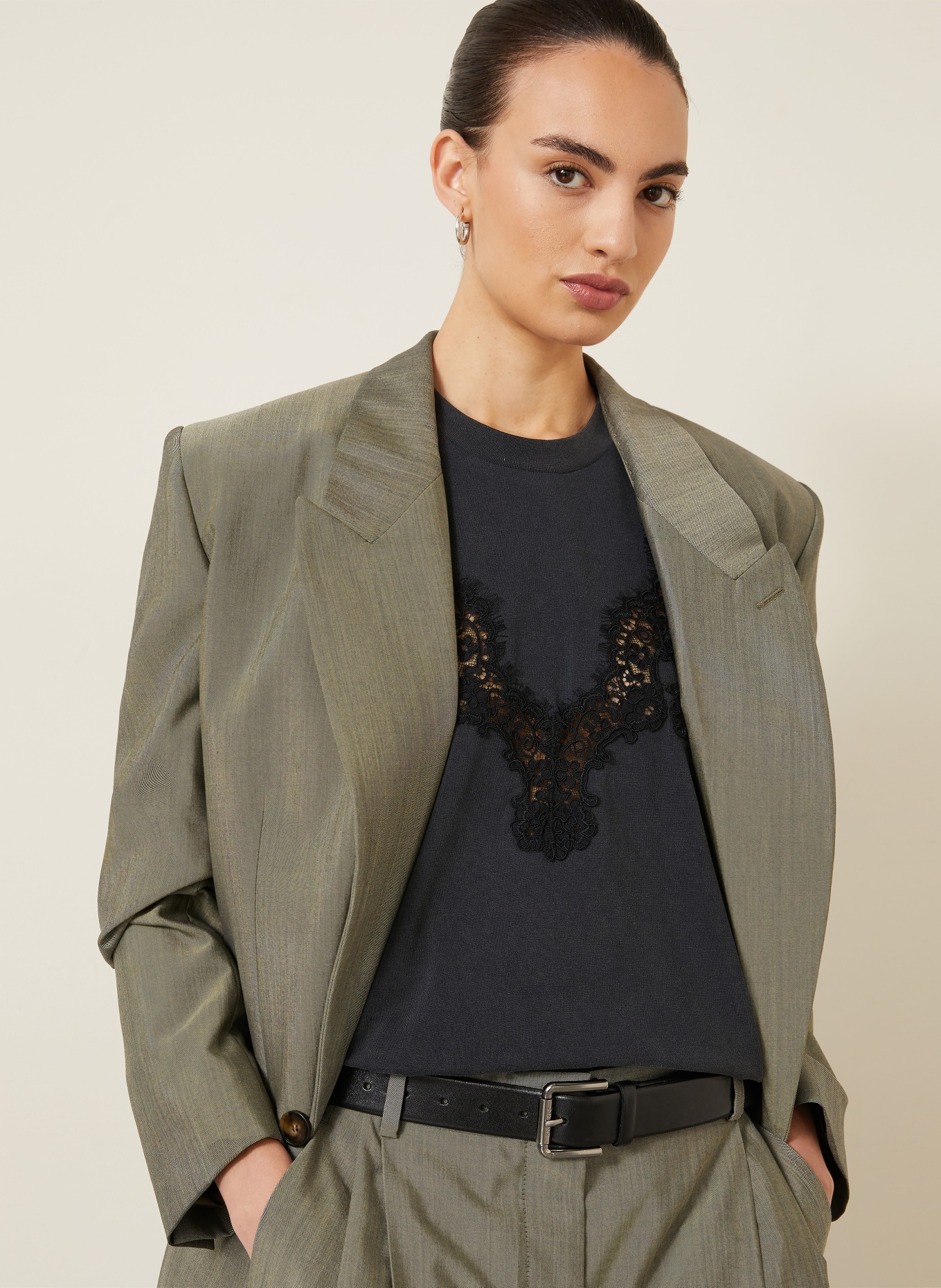 STELLA McCARTNEY T-Shirt mit Spitze: DUNKELGRAU / SCHWARZ