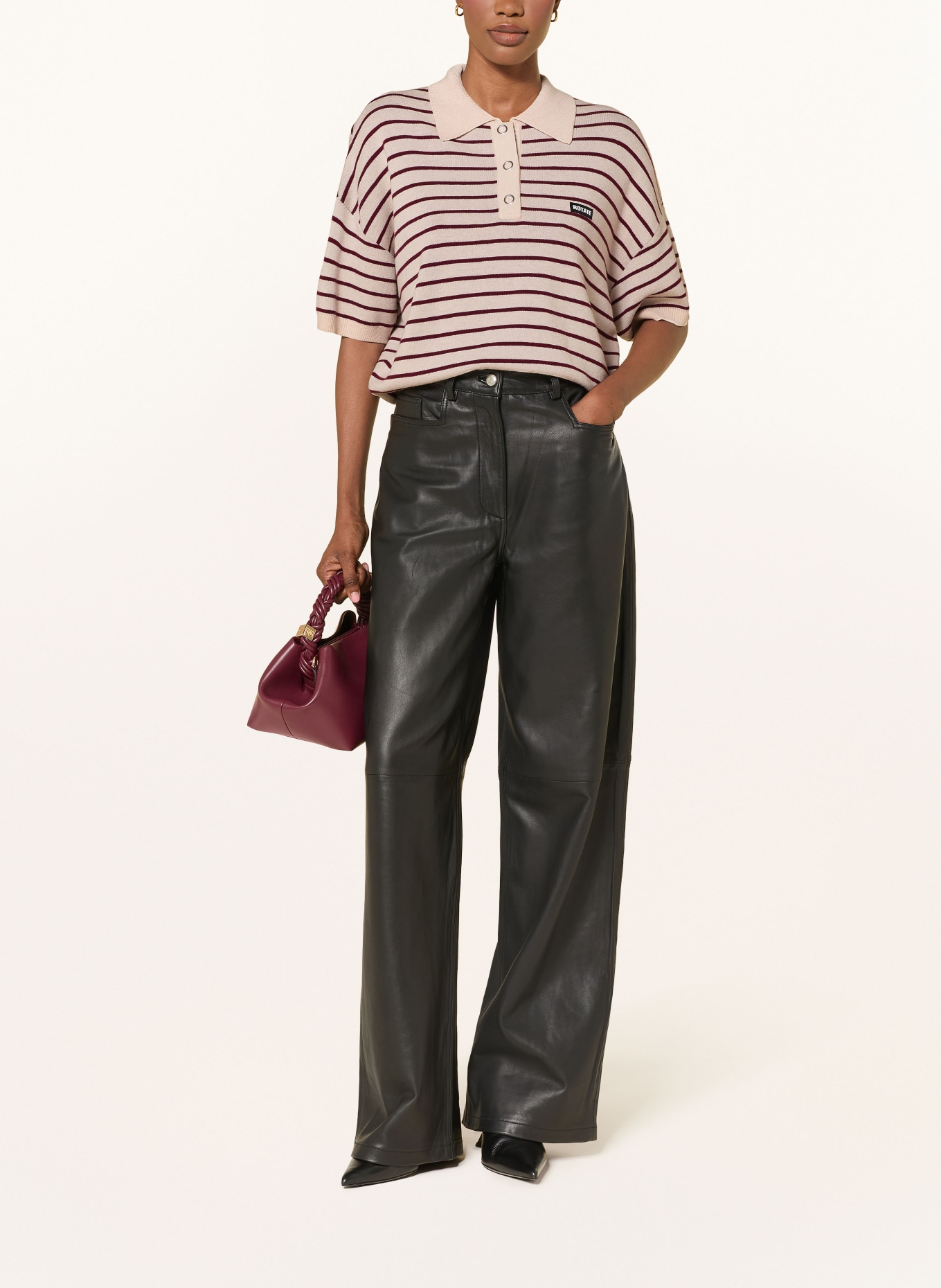 ROTATE Knit polo shirt: DARK RED / BEIGE
