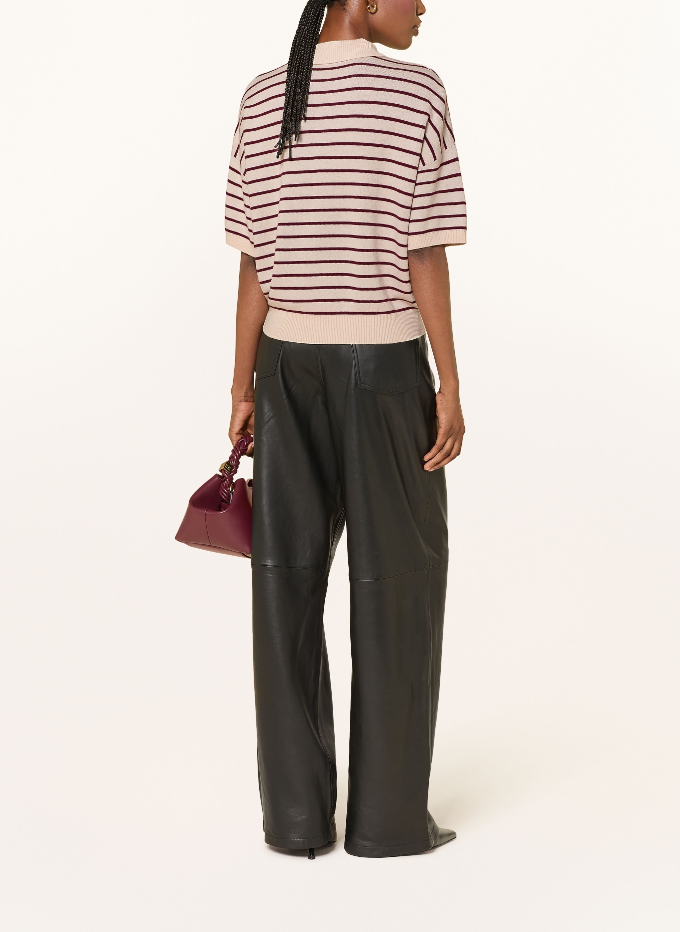 ROTATE Knit polo shirt: DARK RED / BEIGE