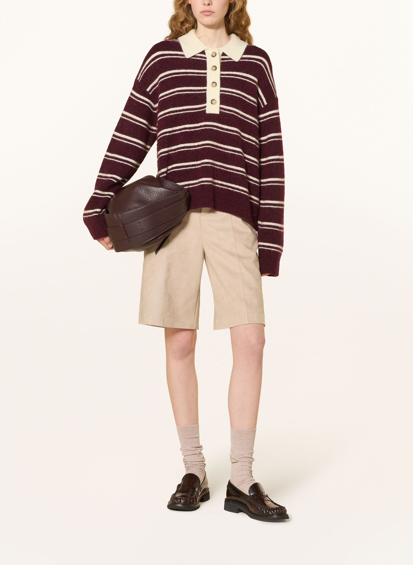 Marc O'Polo DENIM Knit polo shirt with alpaca: DARK RED / CREAM