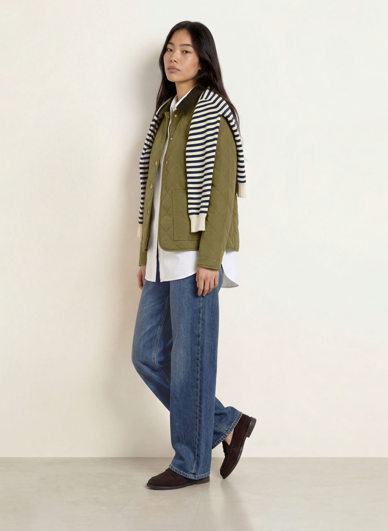 TOMMY HILFIGER Quilted jacket with corduroy: KHAKI / DARK GREEN