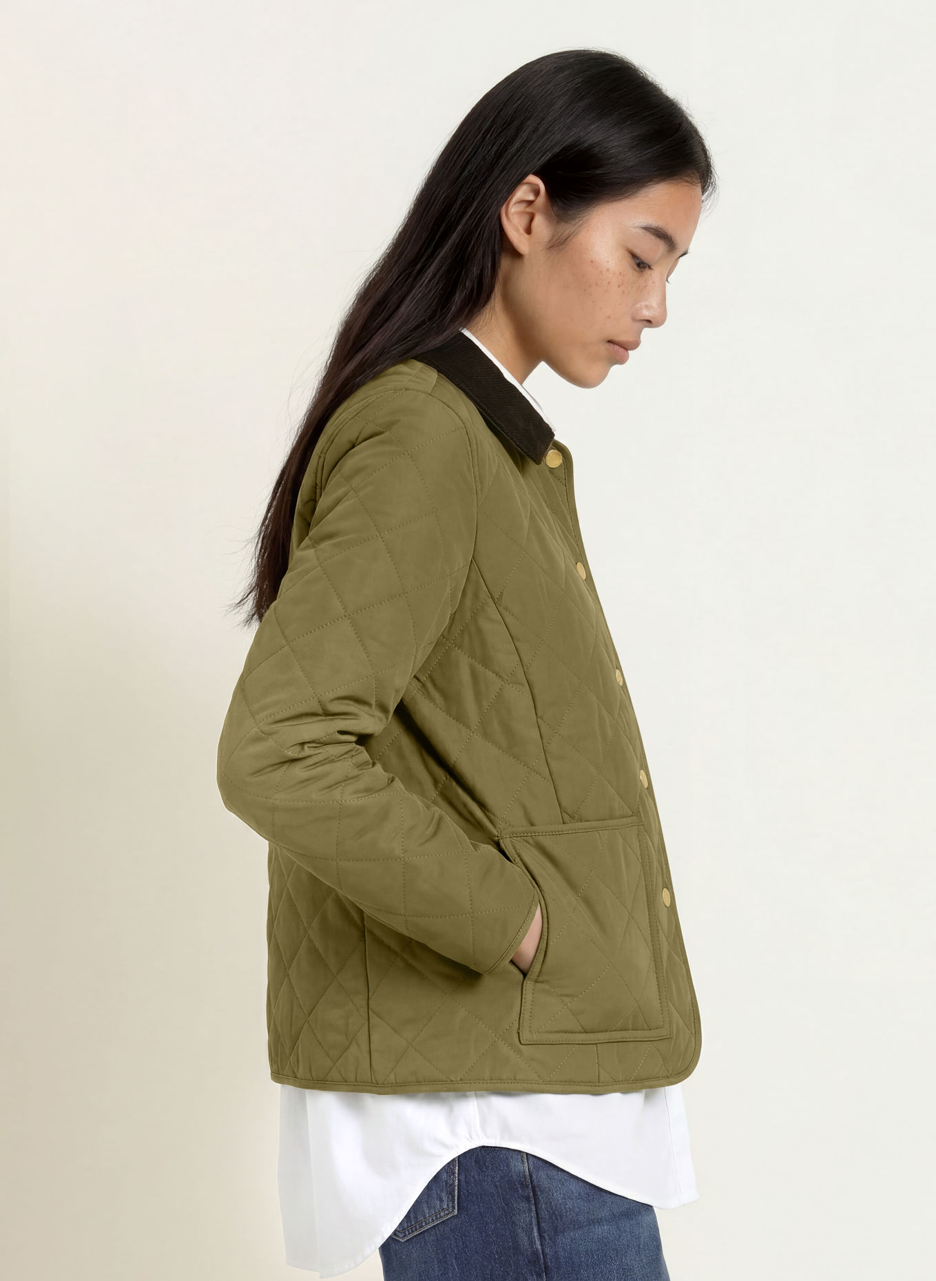 TOMMY HILFIGER Quilted jacket with corduroy: KHAKI / DARK GREEN