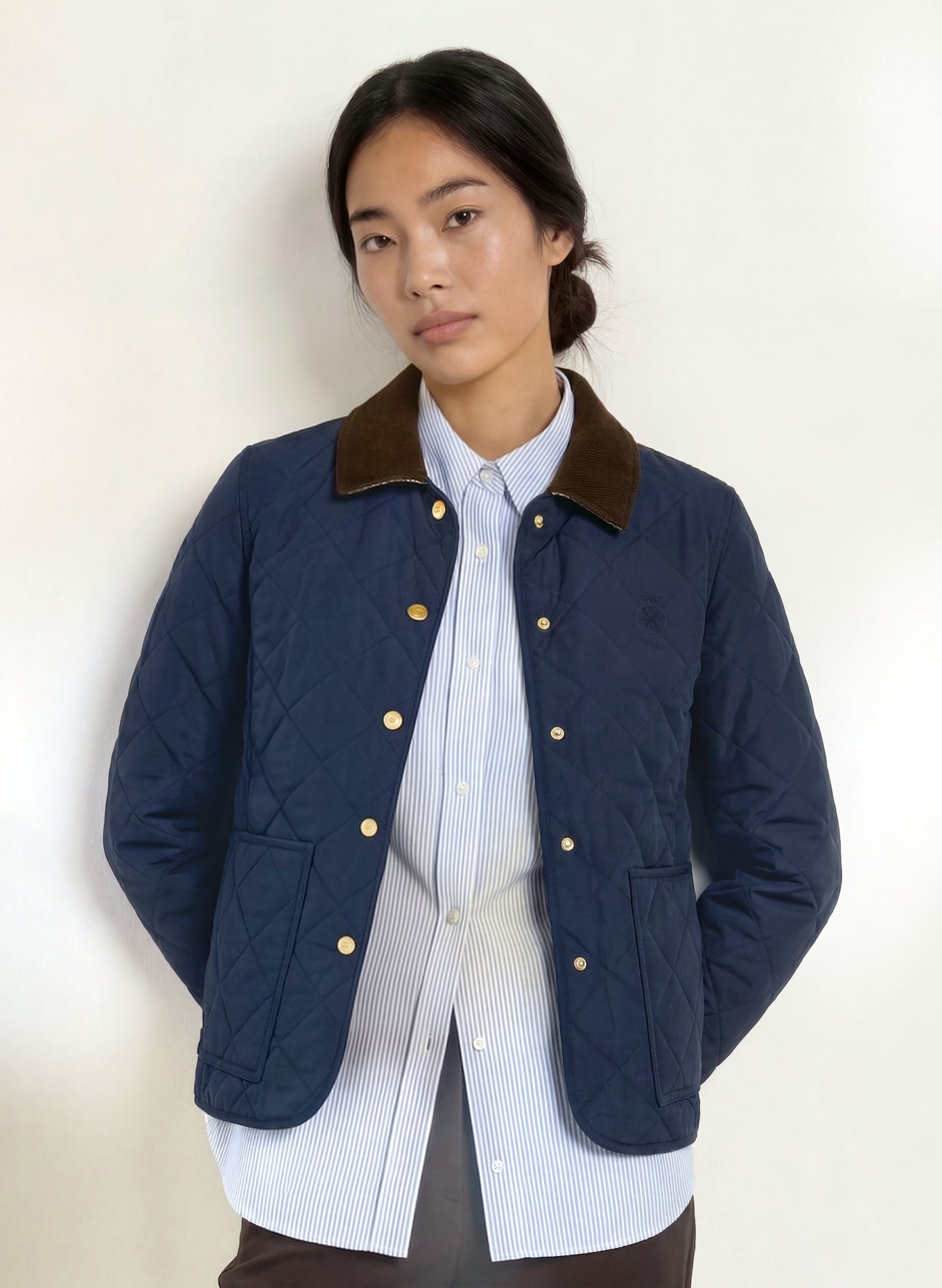 TOMMY HILFIGER Steppjacke mit Cord: DUNKELBLAU / DUNKELBRAUN