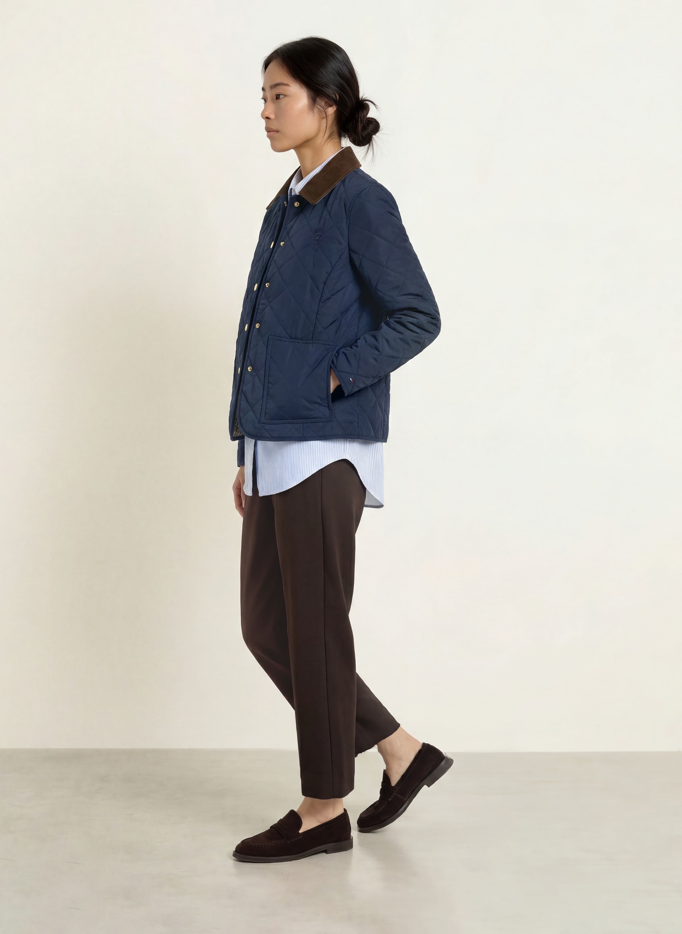 TOMMY HILFIGER Steppjacke mit Cord: DUNKELBLAU / DUNKELBRAUN