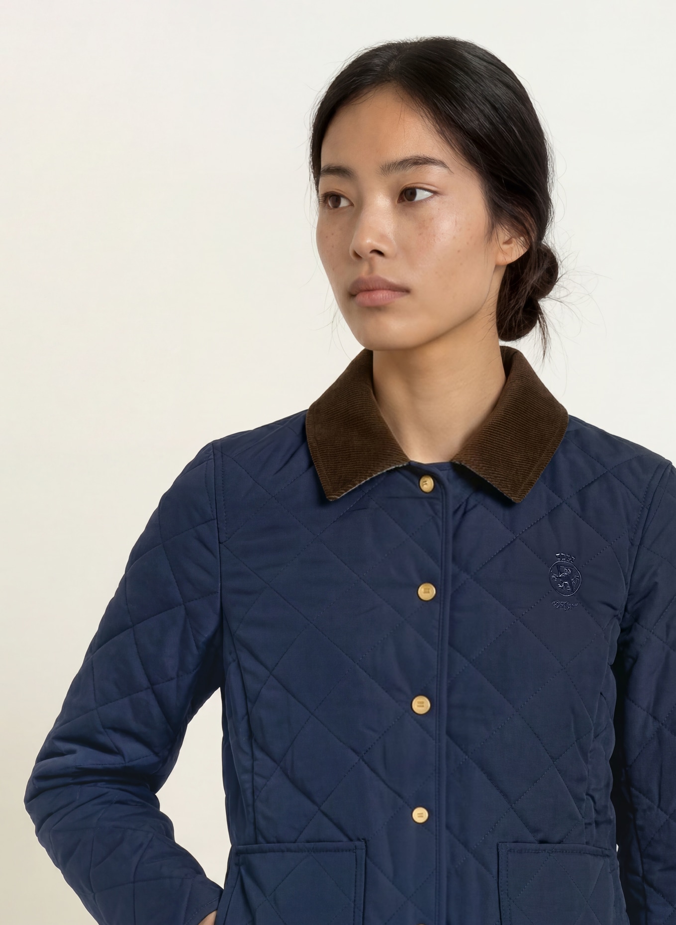 TOMMY HILFIGER Steppjacke mit Cord: DUNKELBLAU / DUNKELBRAUN