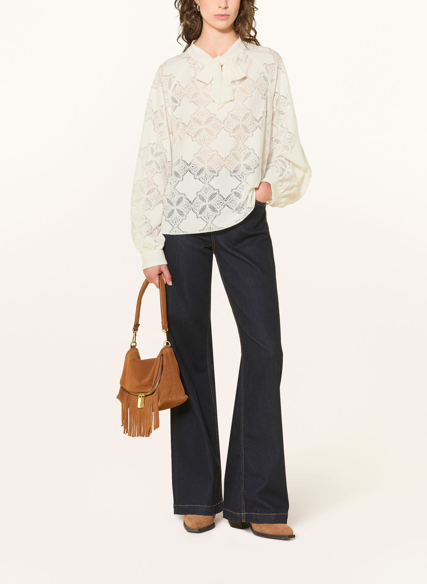 MOS MOSH MMTAMLYN tie-neck blouse with lace: ECRU