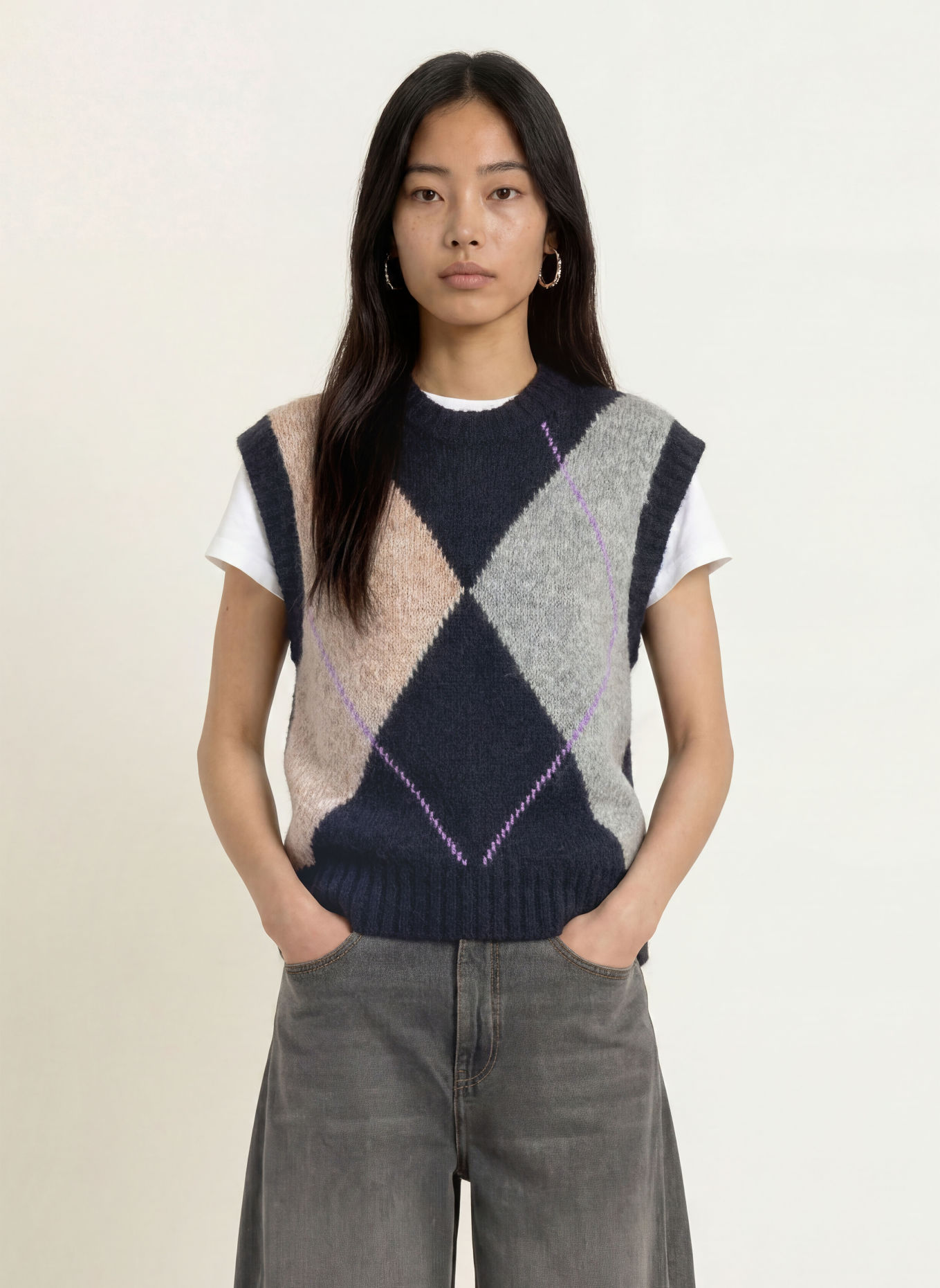 MOS MOSH MMJENNINE sweater vest with alpaca: DARK BLUE / GRAY / LIGHT PURPLE