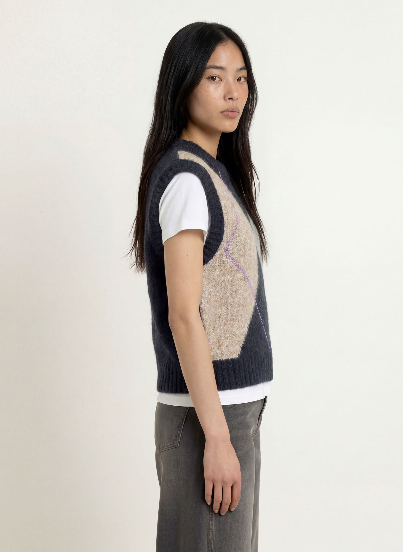 MOS MOSH MMJENNINE sweater vest with alpaca: DARK BLUE / GRAY / LIGHT PURPLE