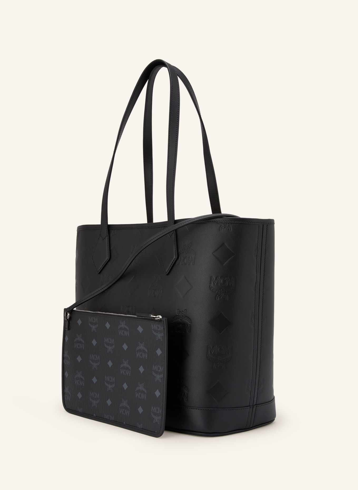 MCM LIZ MEDIUM Shopper with Pouch: BLACK / SILVER