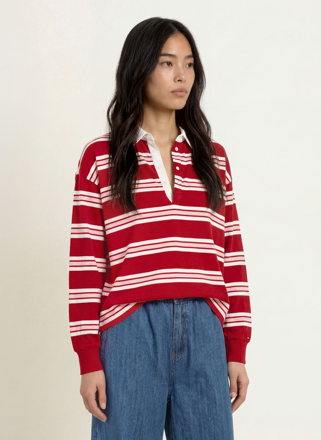 TOMMY HILFIGER Rugbyshirt: DUNKELROT / ROSA / WEISS