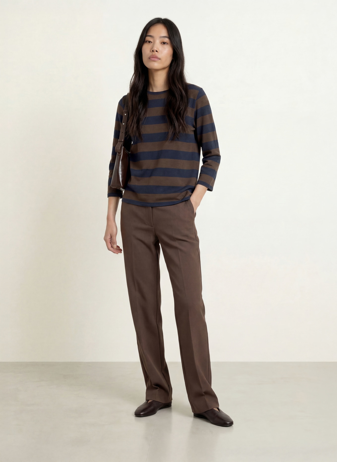 MORE & MORE Shirt met 3/4-mouwen: DONKERBLAUW / MARRON FONCÉ