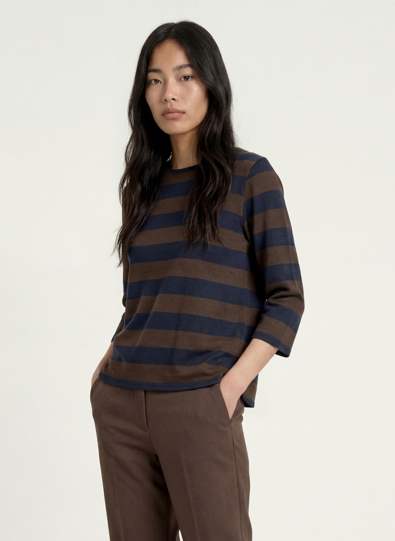 MORE & MORE Shirt met 3/4-mouwen: DONKERBLAUW / MARRON FONCÉ