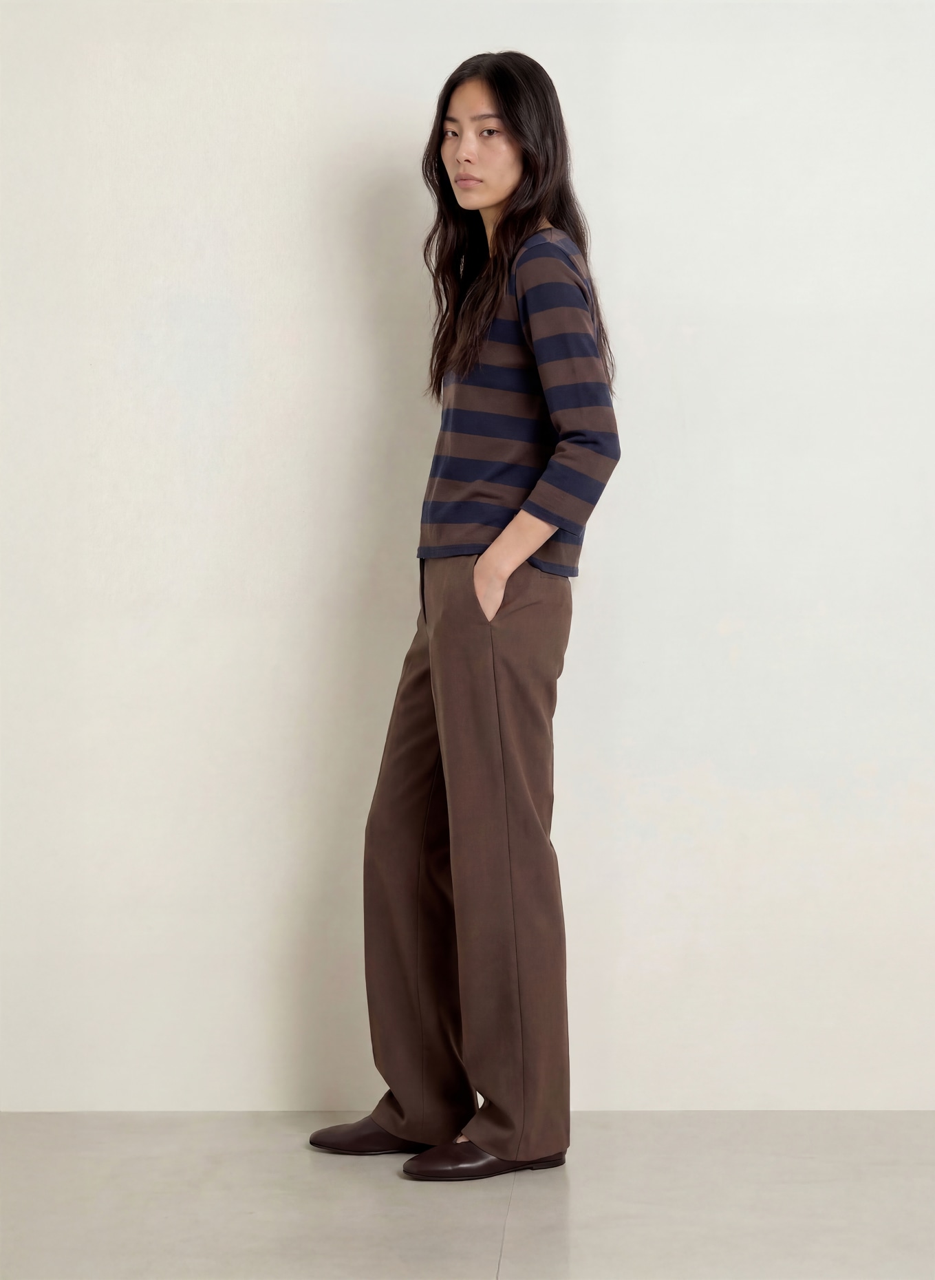 MORE & MORE Shirt met 3/4-mouwen: DONKERBLAUW / MARRON FONCÉ