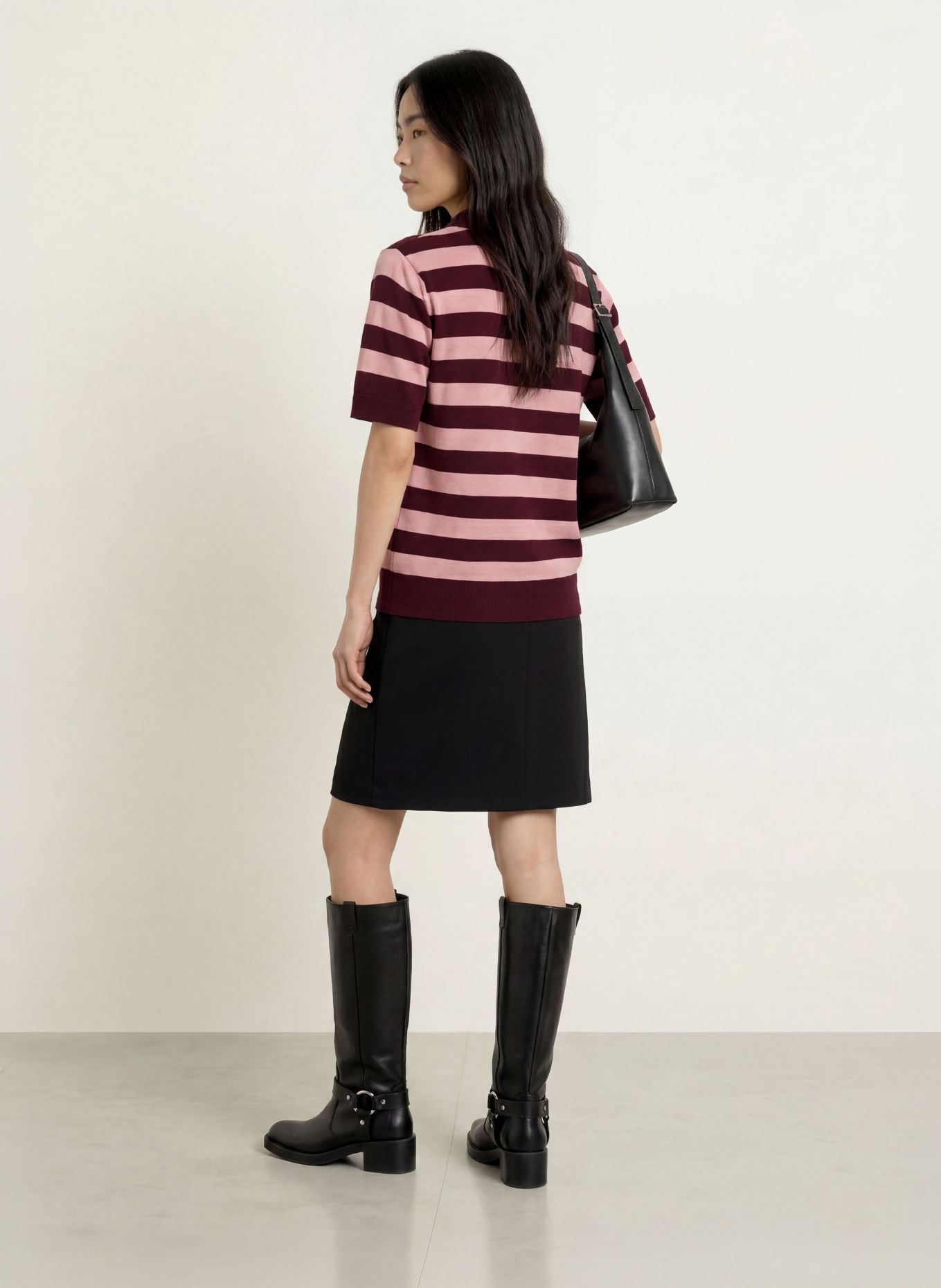 MORE & MORE Gebreid poloshirt: DONKERROOD / ROZE