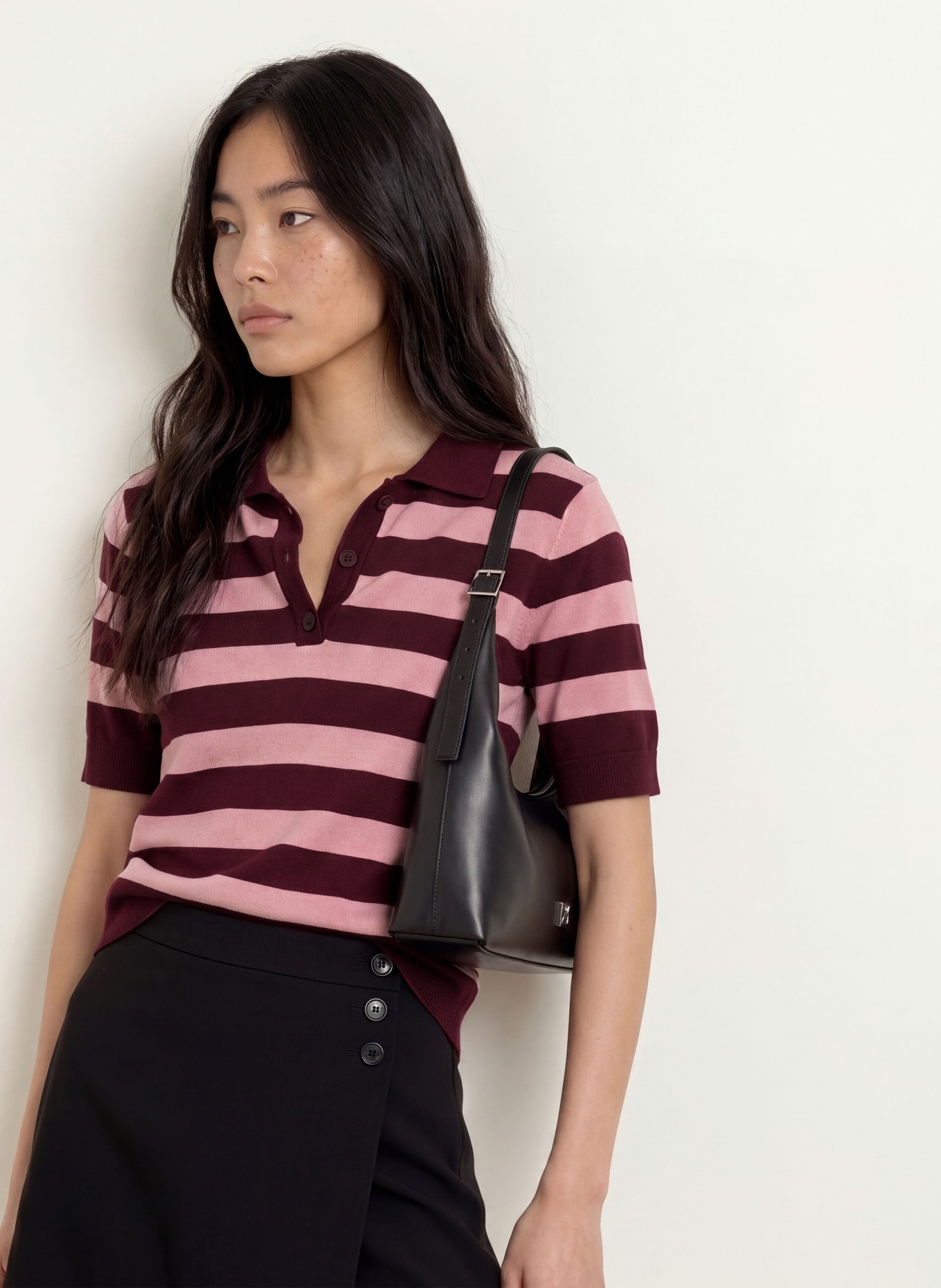 MORE & MORE Gebreid poloshirt: DONKERROOD / ROZE