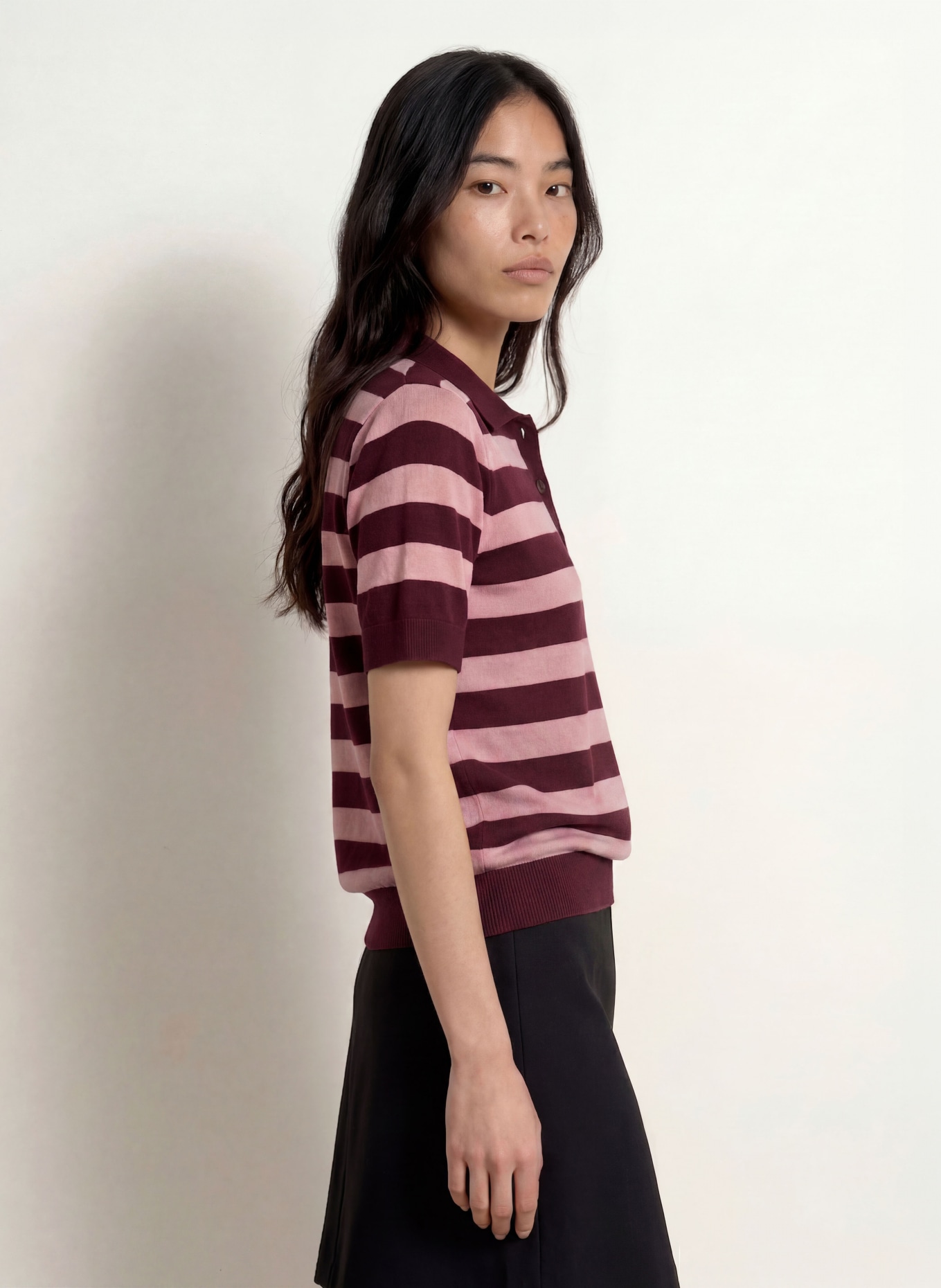 MORE & MORE Gebreid poloshirt: DONKERROOD / ROZE