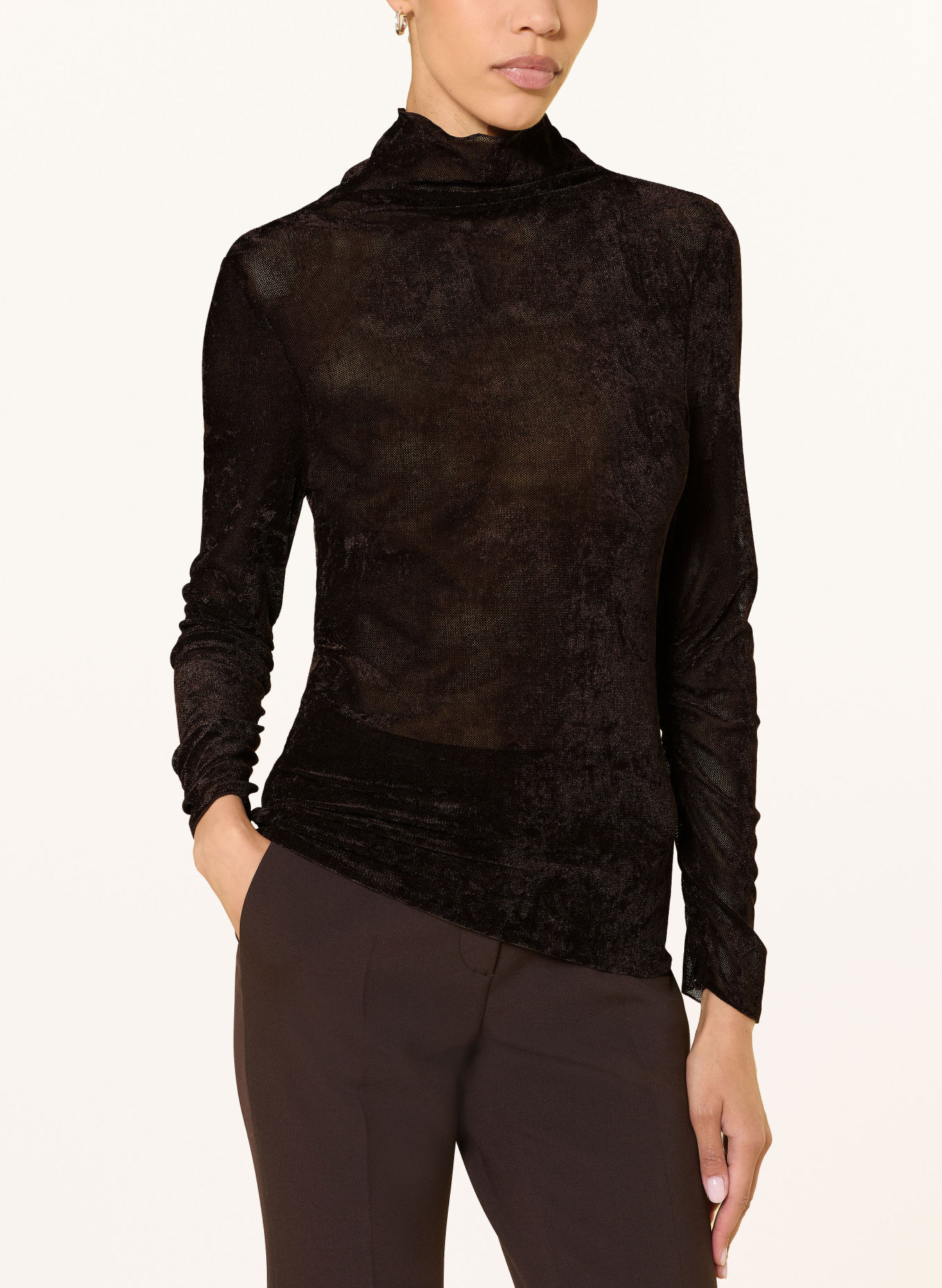 LUISA CERANO Mesh turtleneck top: DARK BROWN