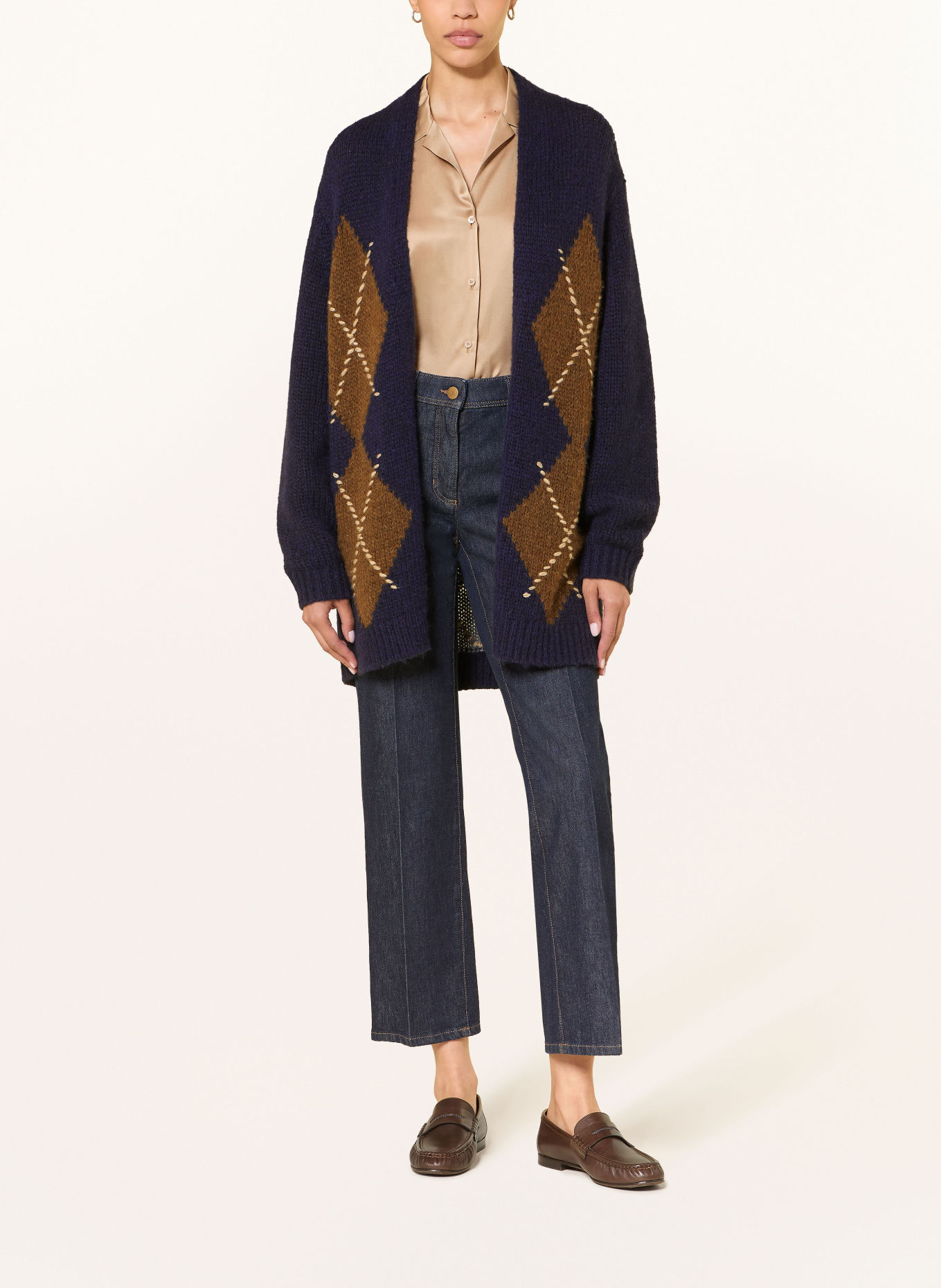 LUISA CERANO Gilet ouvert en maille avec de l'alpaga: BLEU FONCÉ / MARRON FONCÉ / GRIS
