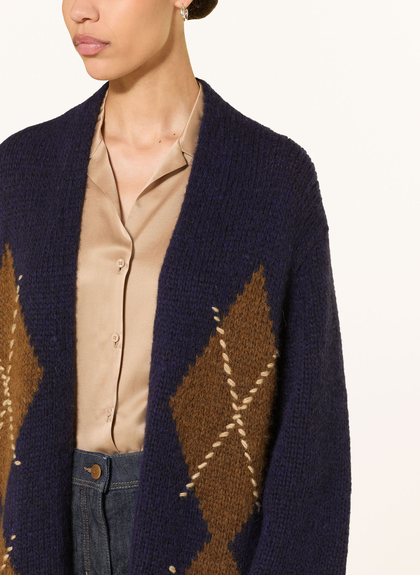 LUISA CERANO Gilet ouvert en maille avec de l'alpaga: BLEU FONCÉ / MARRON FONCÉ / GRIS