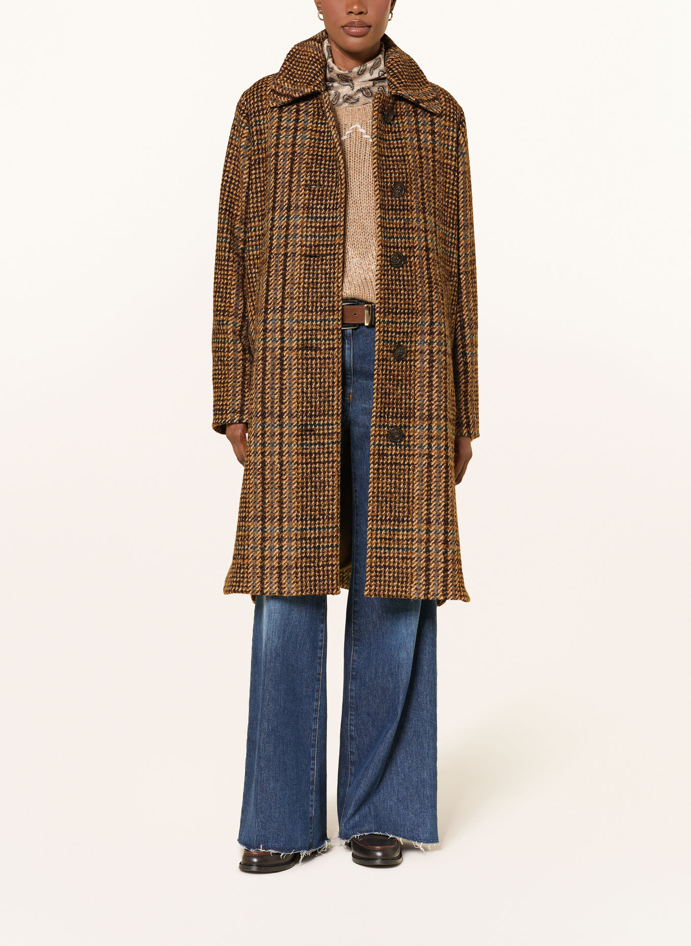LUISA CERANO Tweed Coat: BROWN / BEIGE / LIGHT BLUE