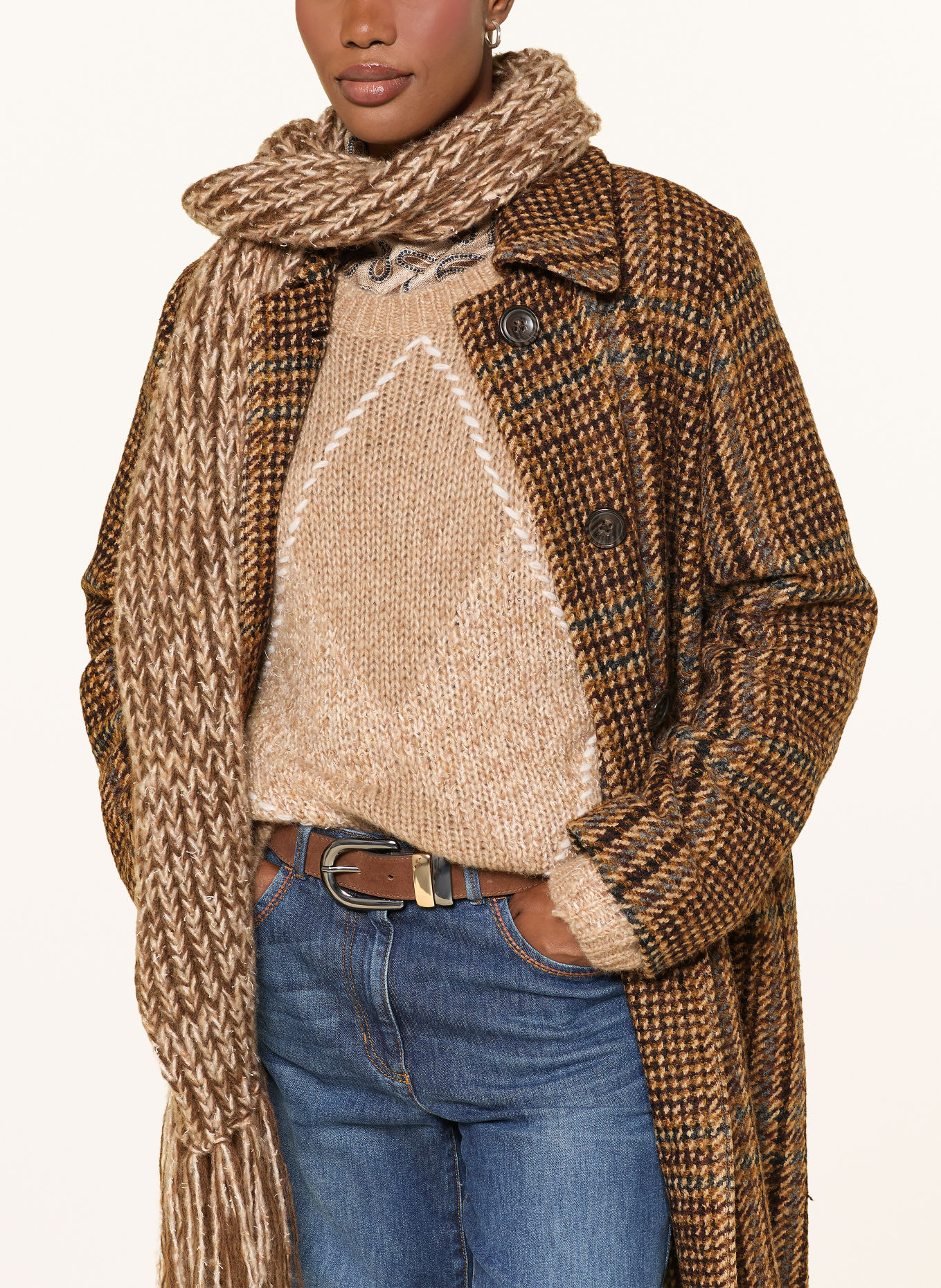LUISA CERANO Tweed Coat: BROWN / BEIGE / LIGHT BLUE