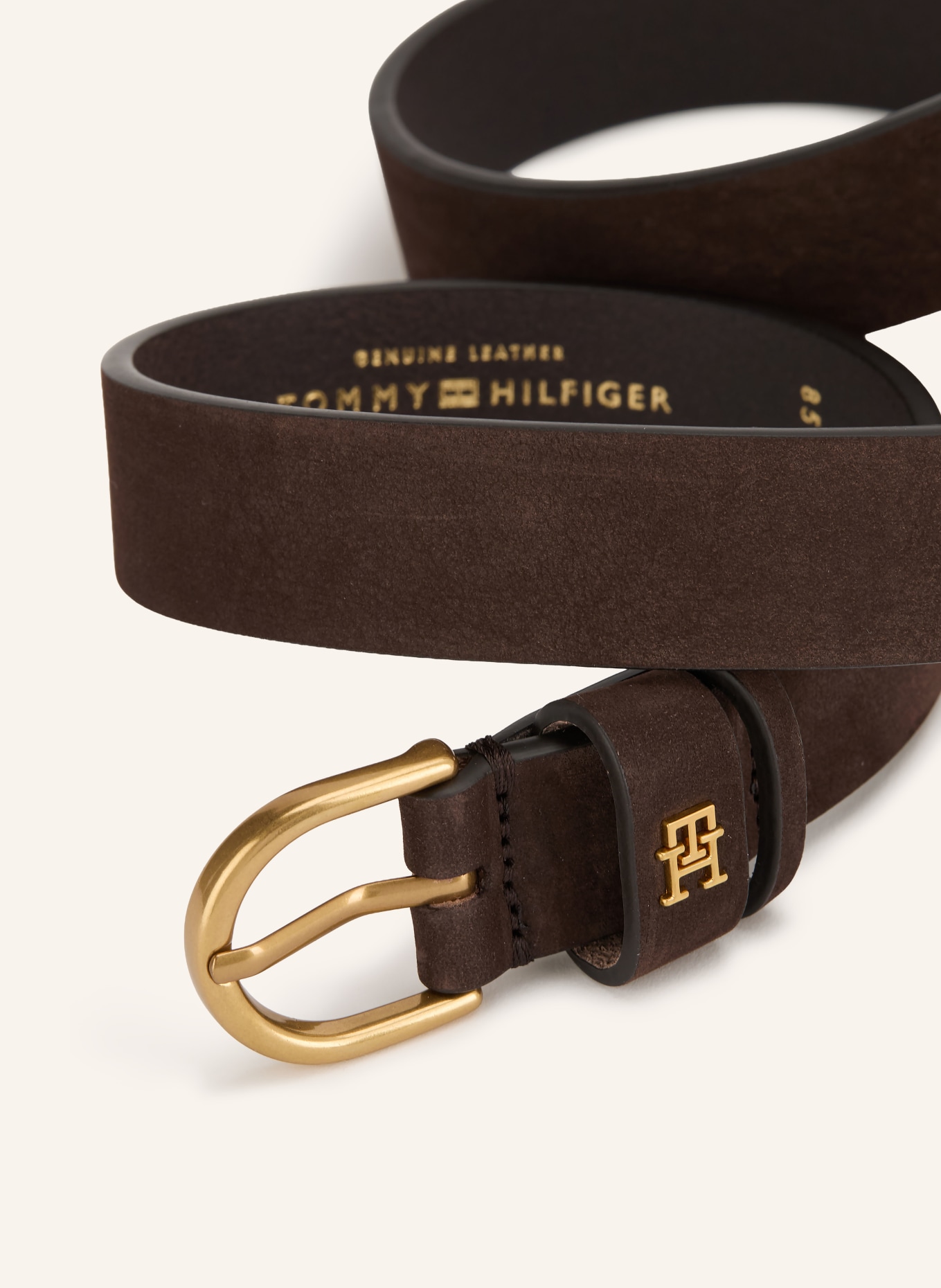 TOMMY HILFIGER Ledergürtel: DUNKELBRAUN / GOLD