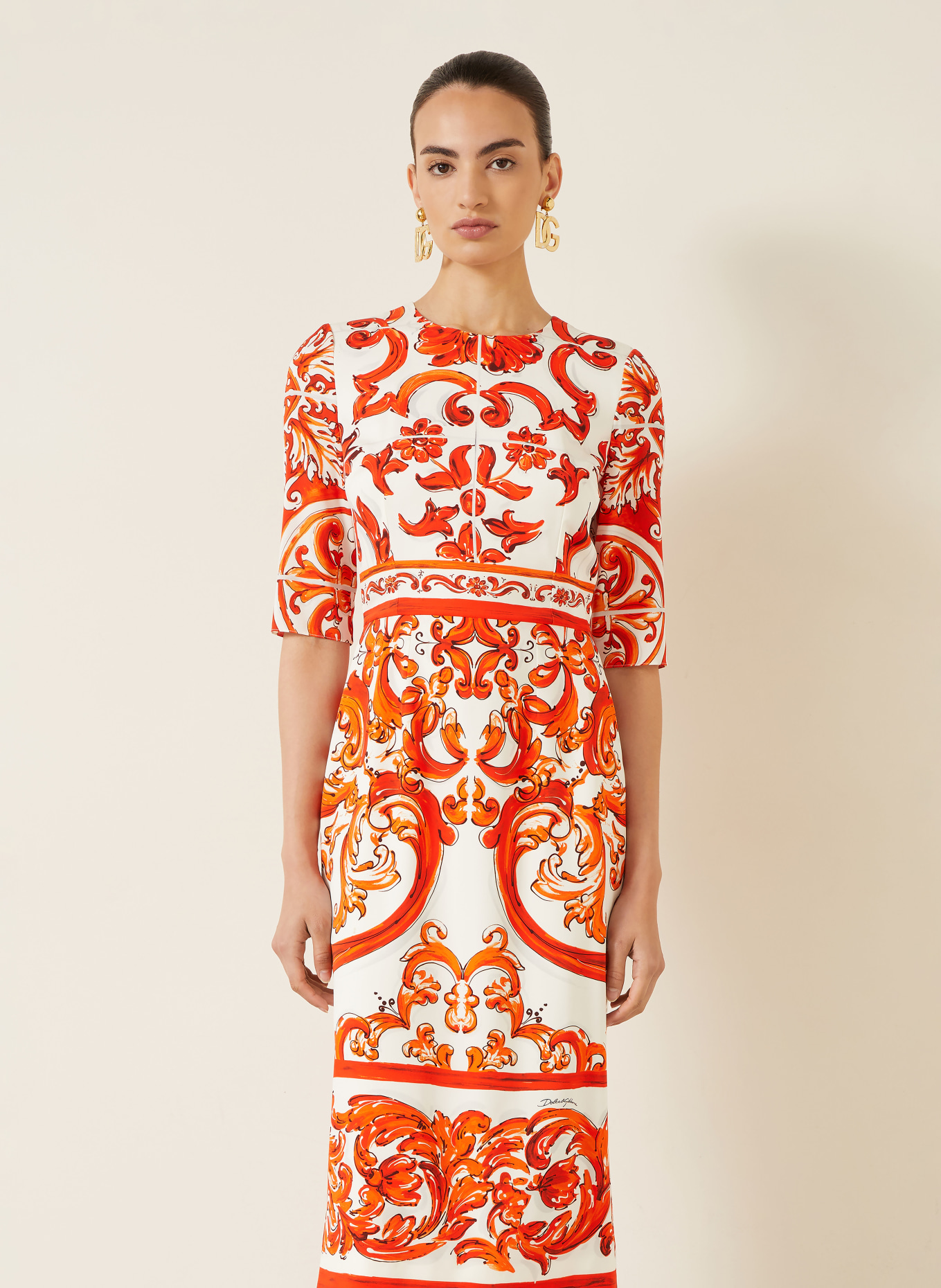 DOLCE & GABBANA Kleid mit Seide und 3/4-Arm: ORANGE / ECRU