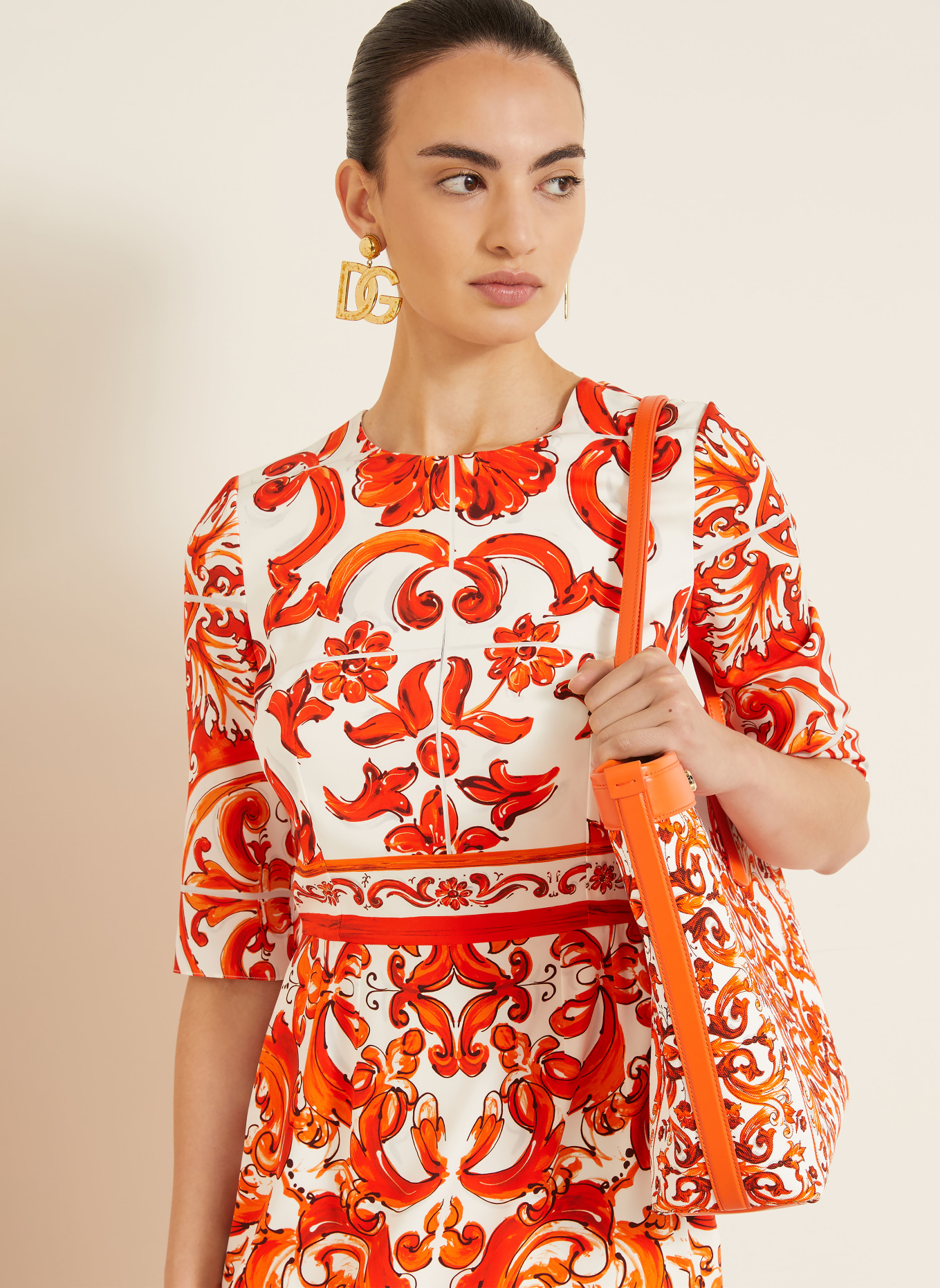 DOLCE & GABBANA Kleid mit Seide und 3/4-Arm: ORANGE / ECRU
