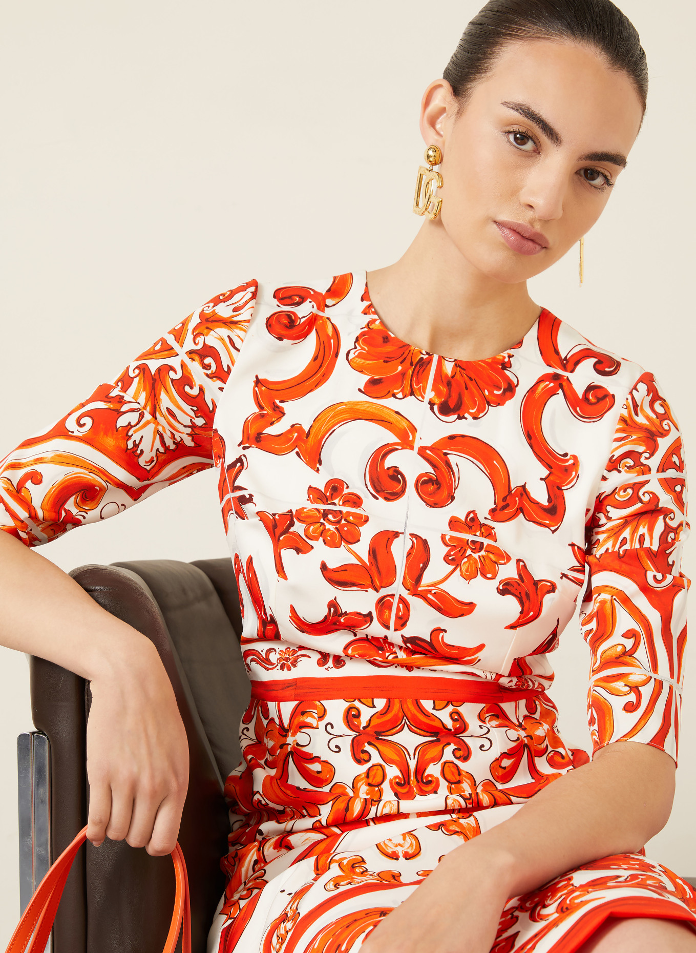 DOLCE & GABBANA Kleid mit Seide und 3/4-Arm: ORANGE / ECRU