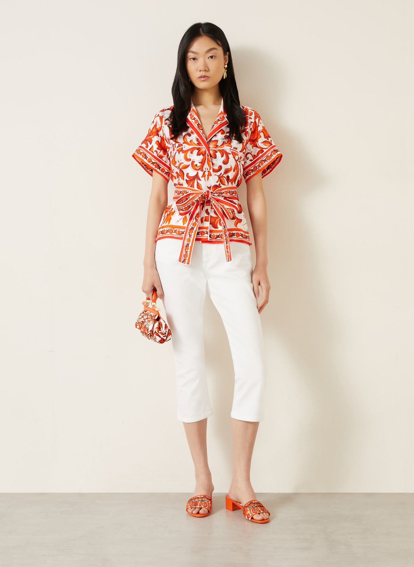 DOLCE & GABBANA Seidenbluse: ORANGE / WEISS