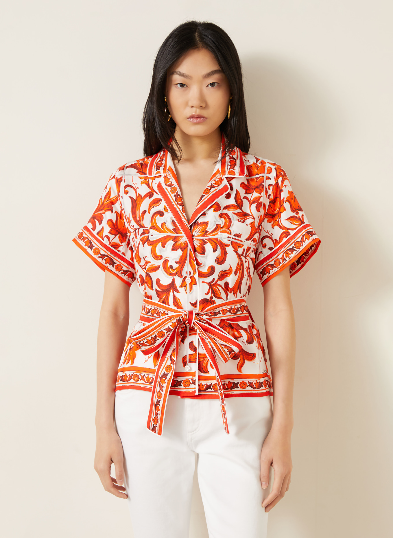 DOLCE & GABBANA Seidenbluse: ORANGE / WEISS
