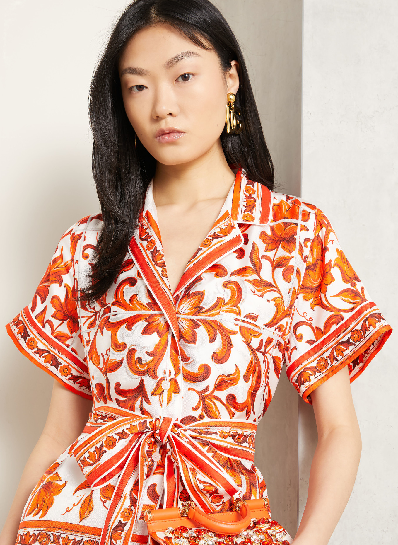 DOLCE & GABBANA Seidenbluse: ORANGE / WEISS