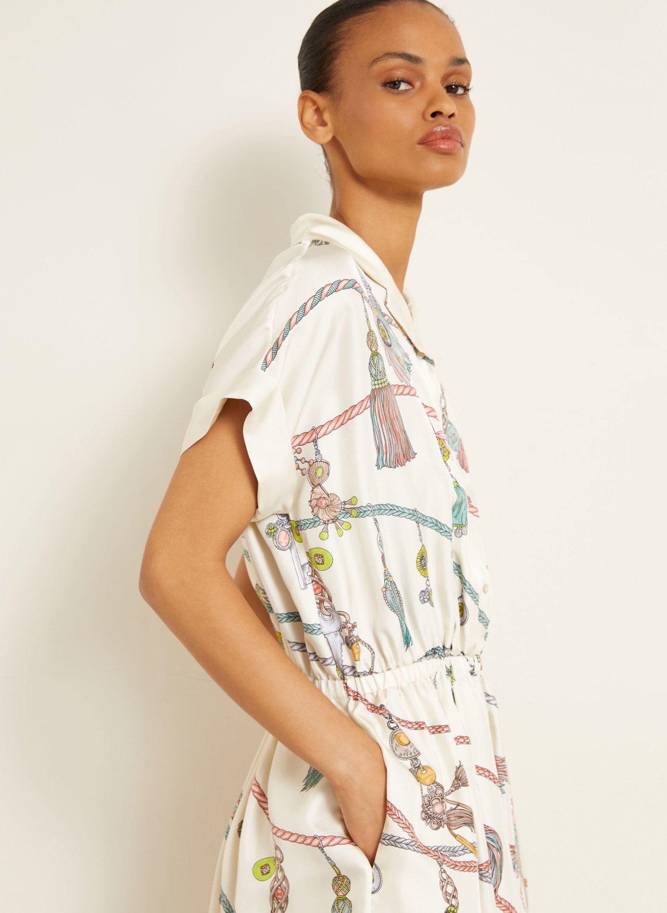 VERSACE Silk dress: CREAM / RED / GREEN