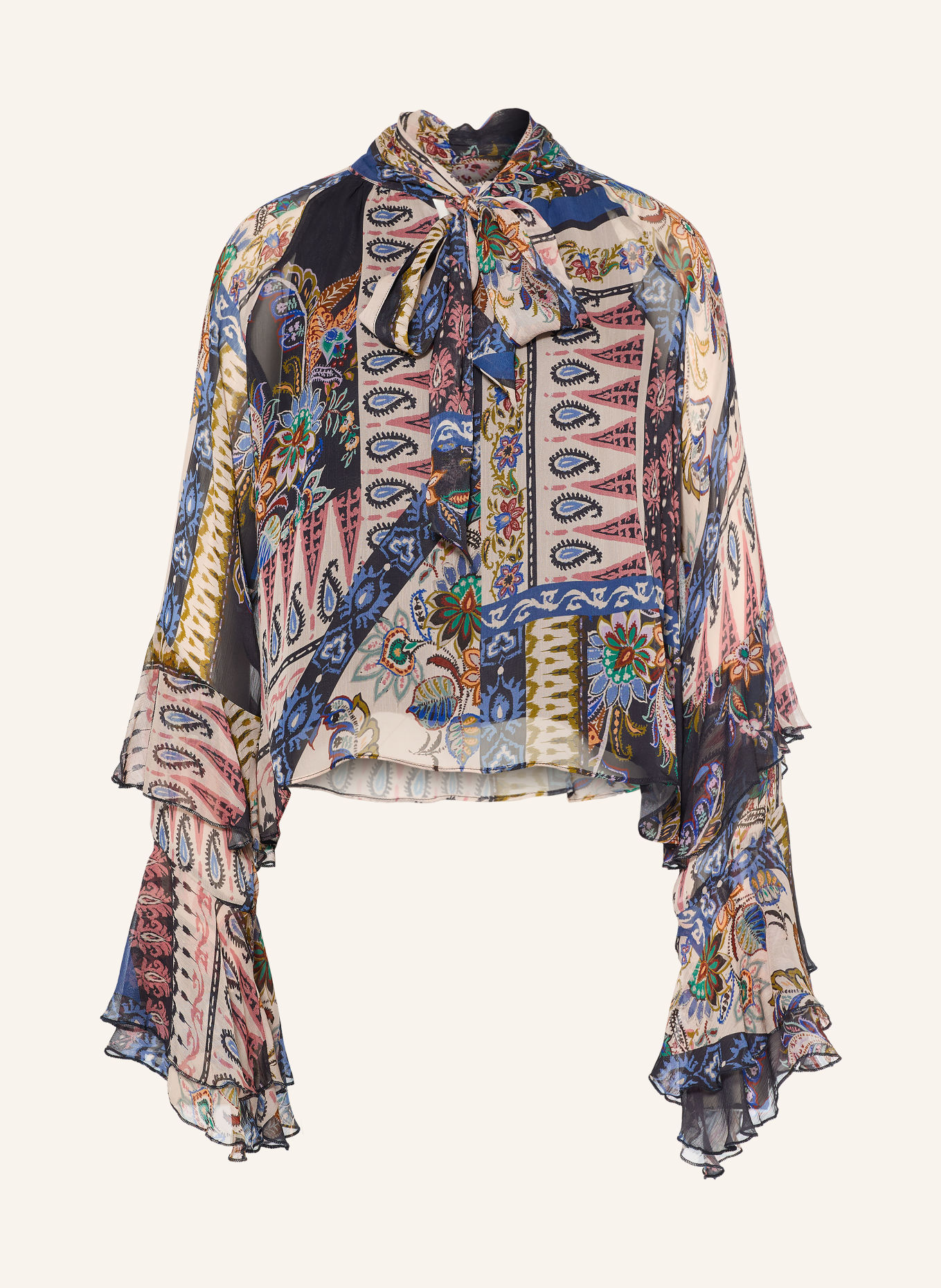 MILANO ITALY Schluppenbluse mit Volants: DUNKELBLAU / ALTROSA / BEIGE