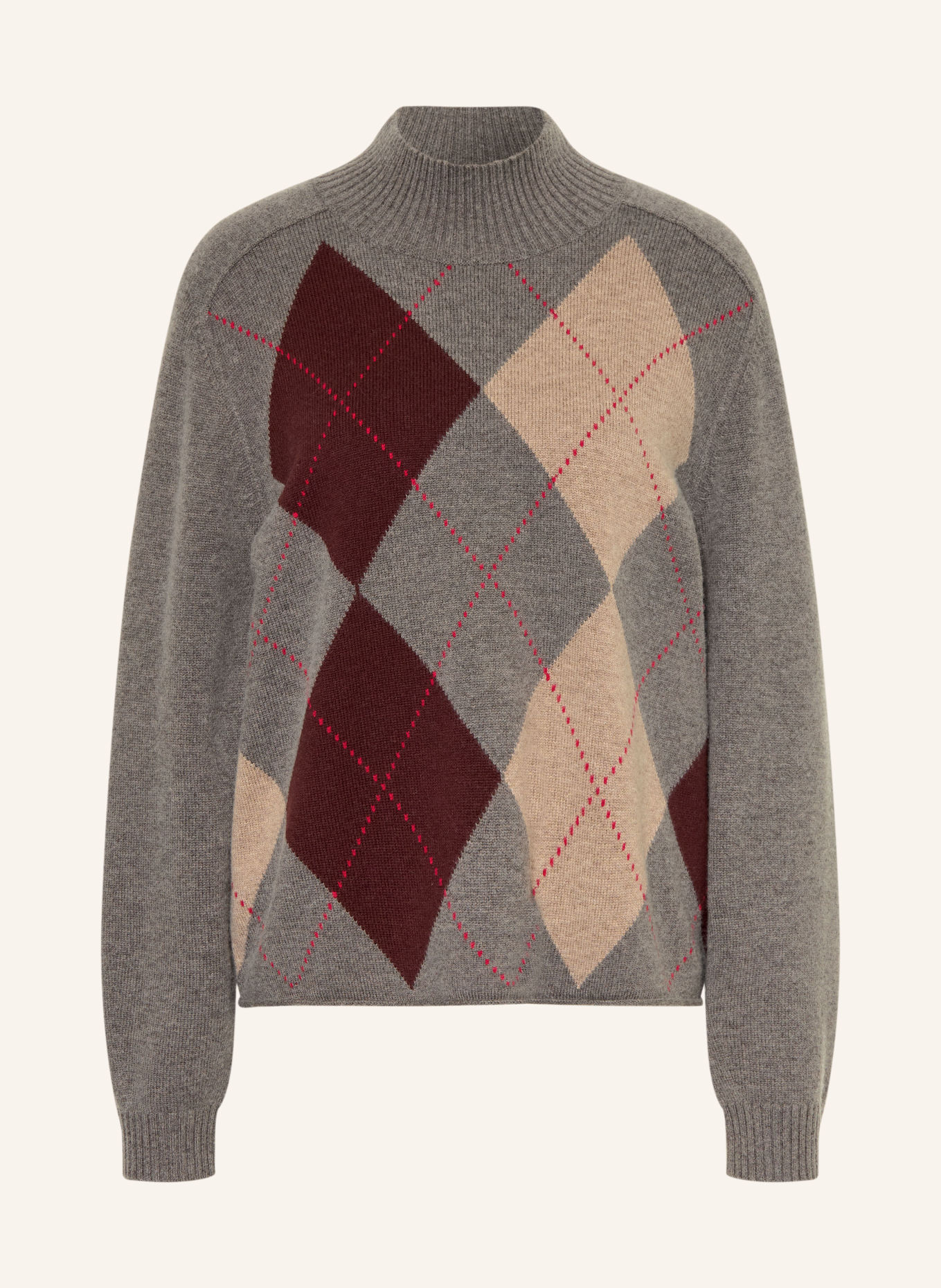 REPEAT Pullover mit Cashmere: GRAU / BEIGE / DUNKELROT