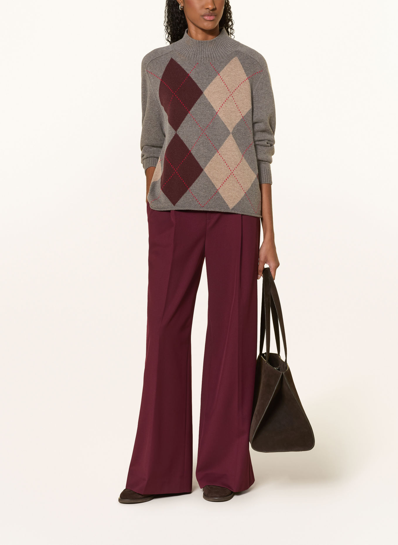 REPEAT Pullover mit Cashmere: GRAU / BEIGE / DUNKELROT