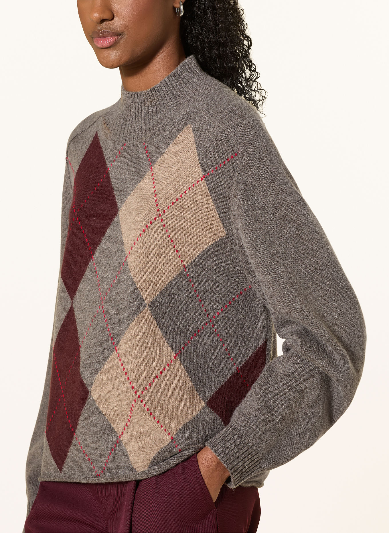 REPEAT Pullover mit Cashmere: GRAU / BEIGE / DUNKELROT
