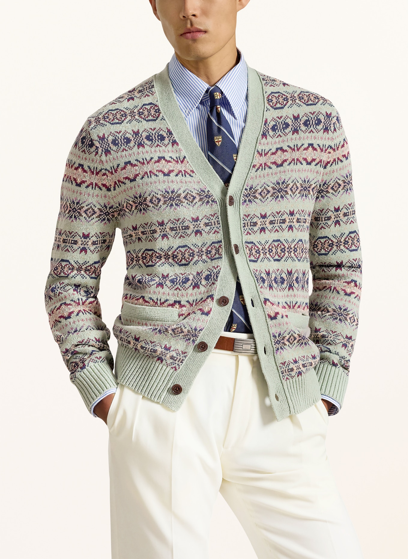 POLO RALPH LAUREN Strickjacke mit Leinen: HELLGRÜN / DUNKELLILA / DUNKELBLAU