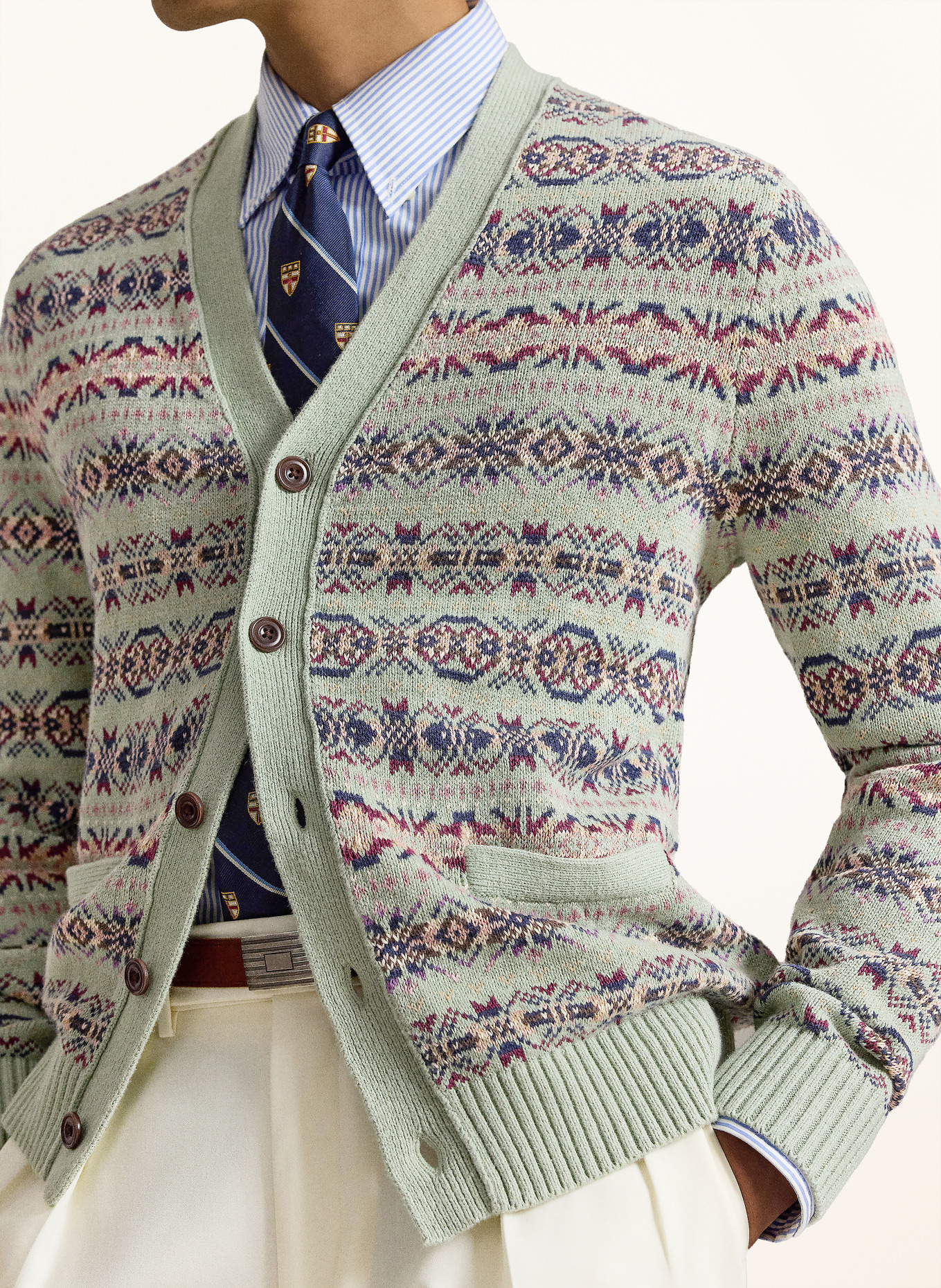 POLO RALPH LAUREN Strickjacke mit Leinen: HELLGRÜN / DUNKELLILA / DUNKELBLAU