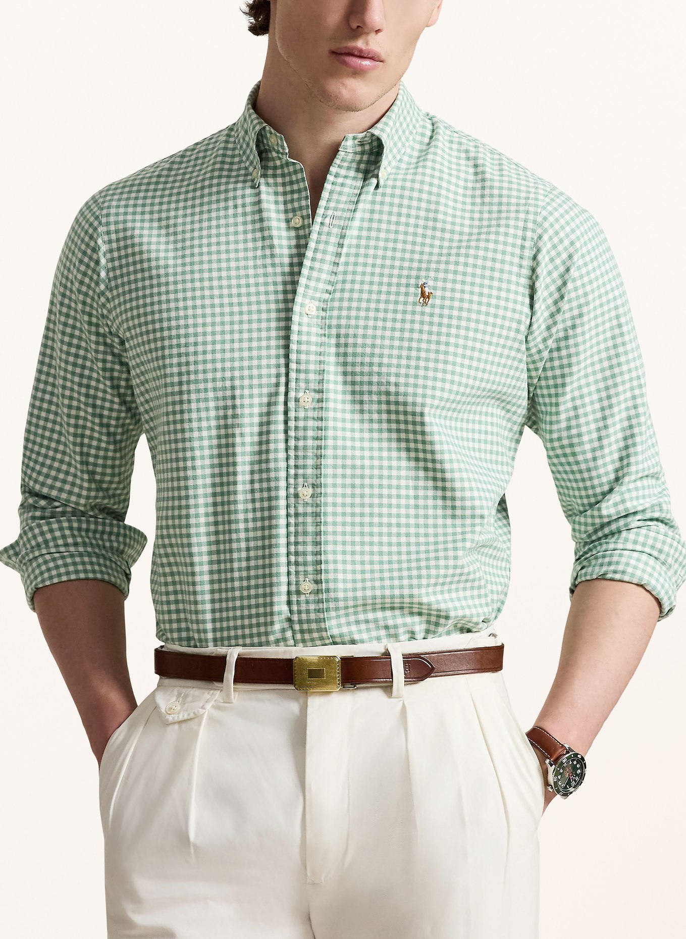 POLO RALPH LAUREN Custom Fit Shirt: LIGHT GREEN / WHITE